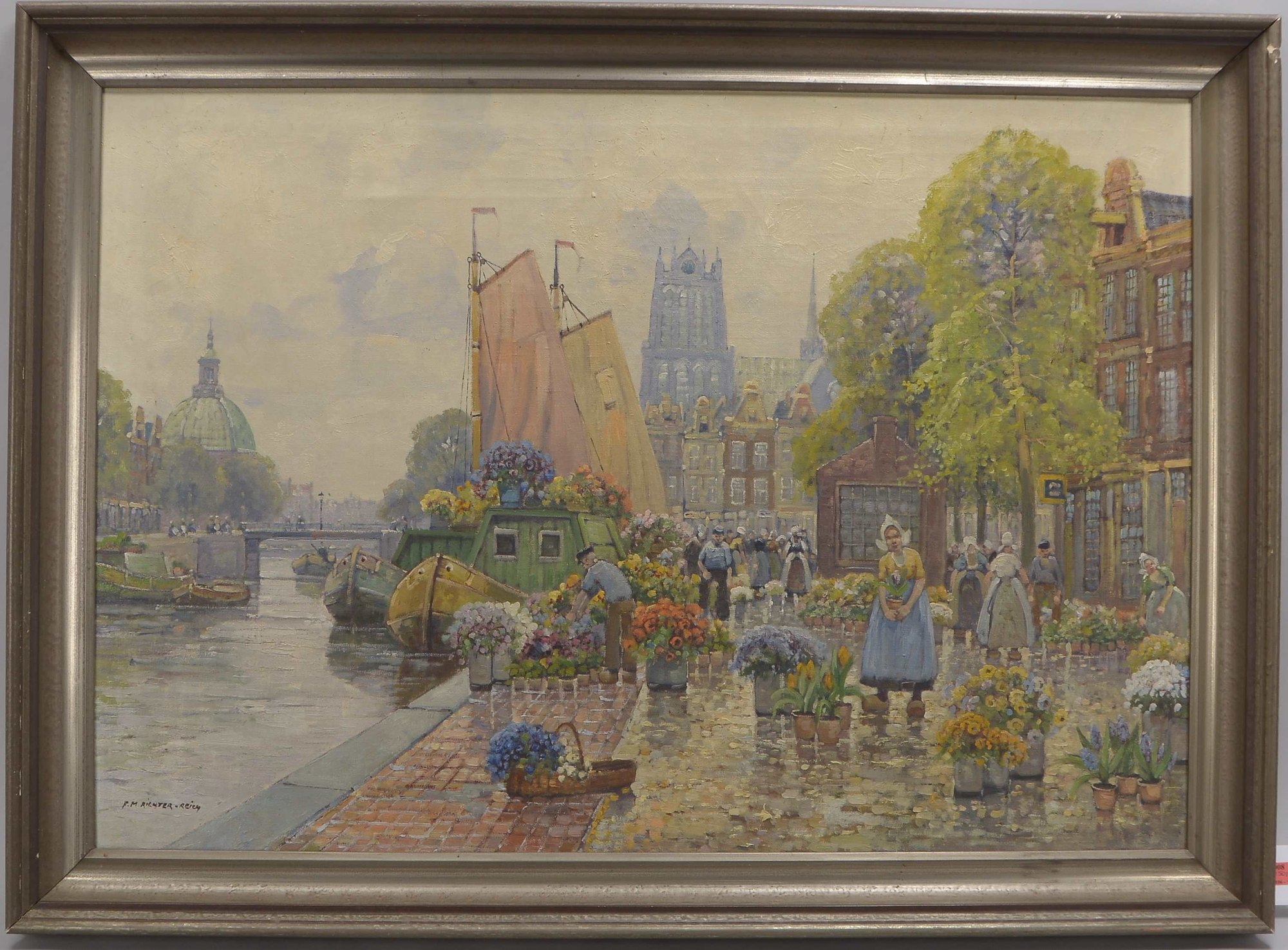 Richter-Reich, F.M., 'Blumenmarkt in Amsterdam', Öl/Lw, unten links signiert; Bildmaße 70 x 100 cm