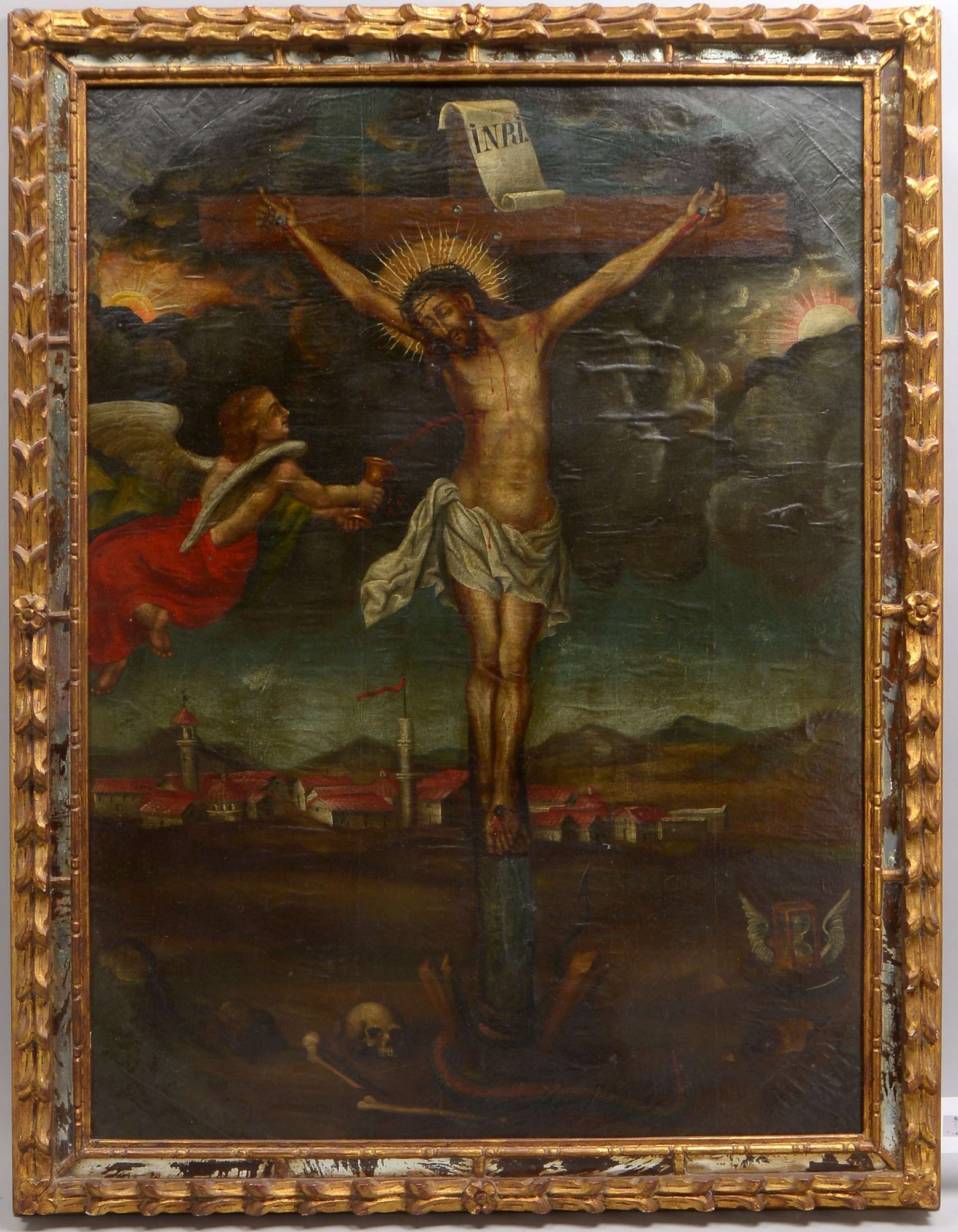 Gemälde (Peru, frühe Cusco-Schule), 'Kreuzigung Jesu - Heilig-Blut-Szene', Öl/Lw doubliert