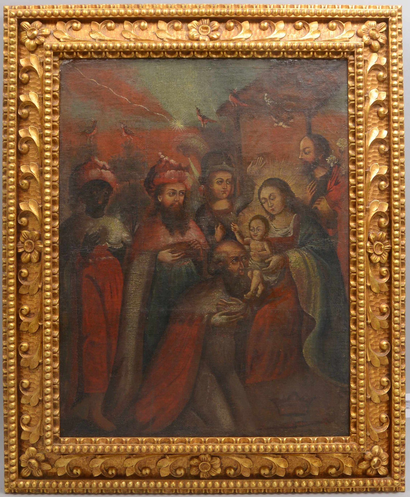 Gemälde (Peru, frühe Cusco-Schule), 'Anbetung der Heiligen Drei Könige', Öl/Lw doubliert, unsigniert