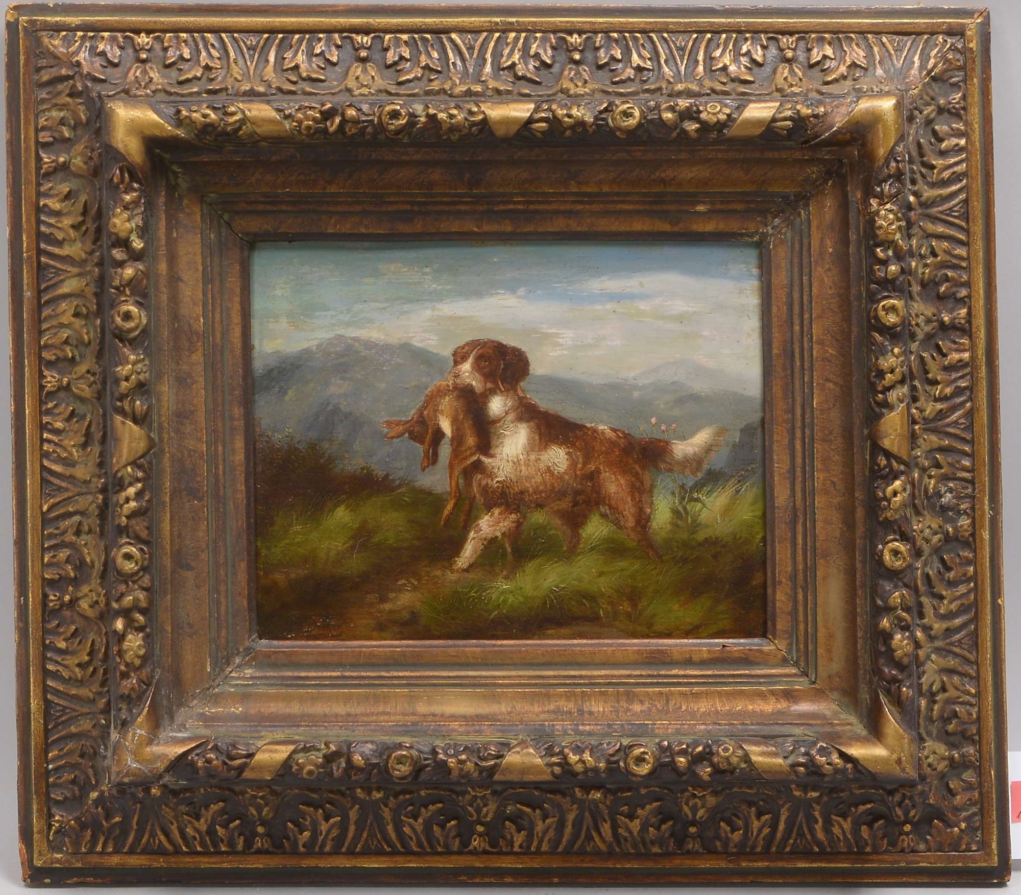 Gemälde, 'Jagdhund mit Beute', Öl auf Holz/gerahmt, unten links (nicht eindeutig leserlich) signiert