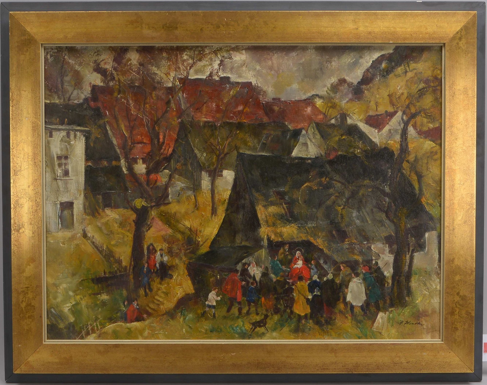 Gemälde, 'Weihnachtskrippenspiel auf dem Markt', Öl/Lw, unten rechts signiert