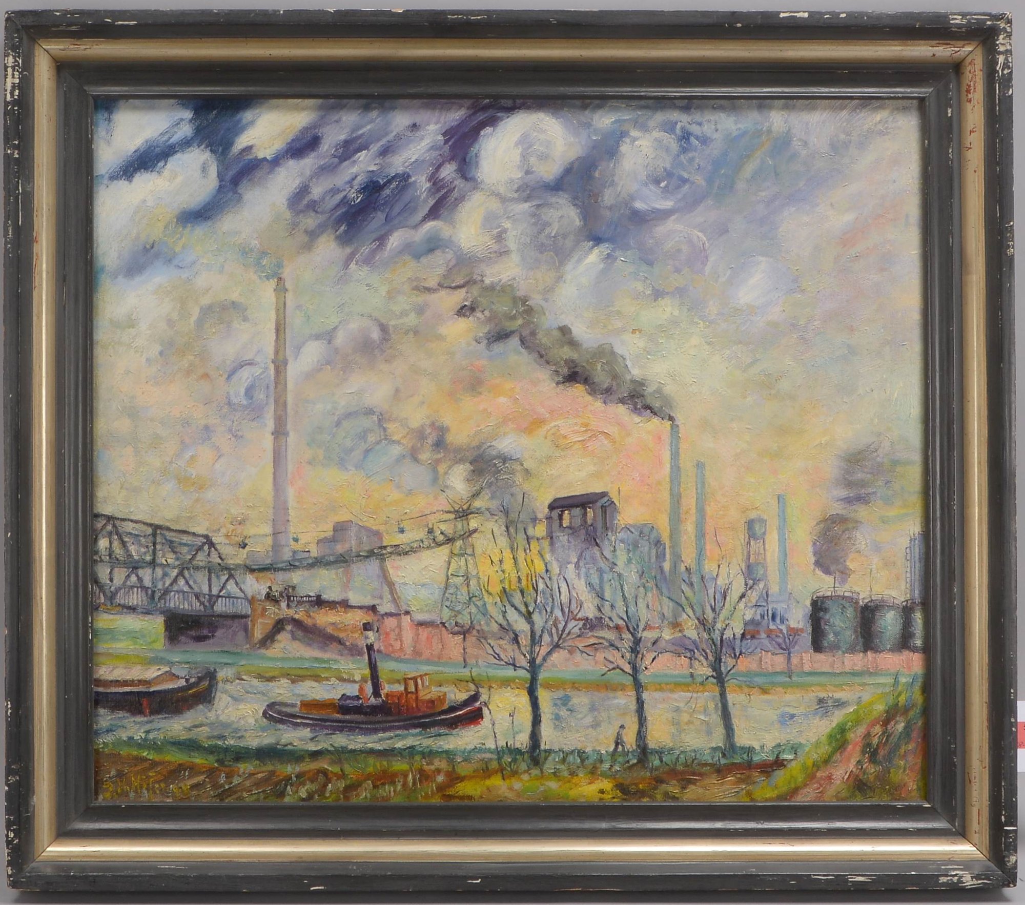 Höfer, S.H.(?), 'Industriegebiet mit Hochöfen', Öl/Lw, unten links signiert; Bildmaße 56 x 66 cm