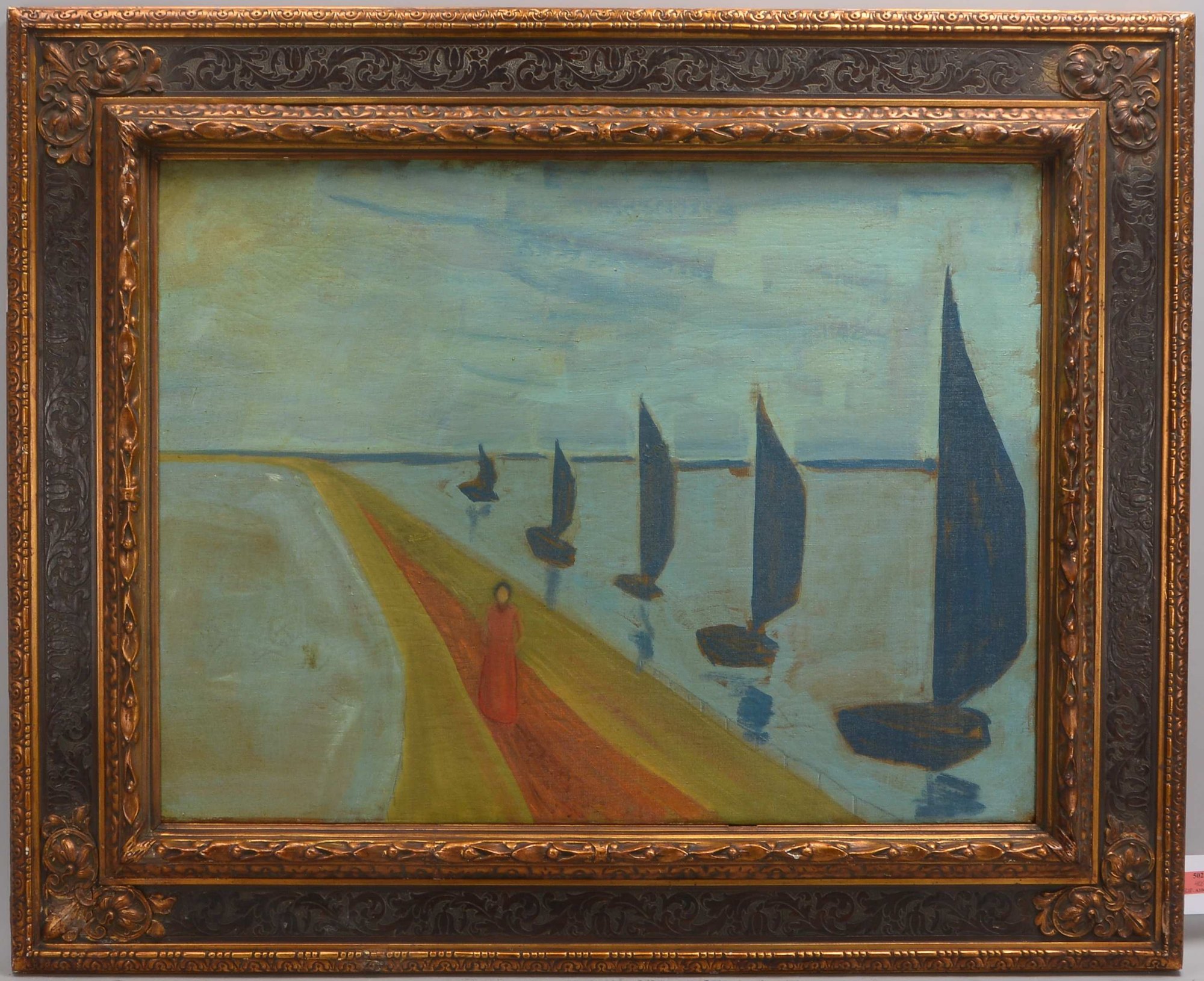 Gemälde, 'Seenlandschaft mit Booten und Person', Öl/Lw, unsigniert; Bildmaße 60 x 82 cm