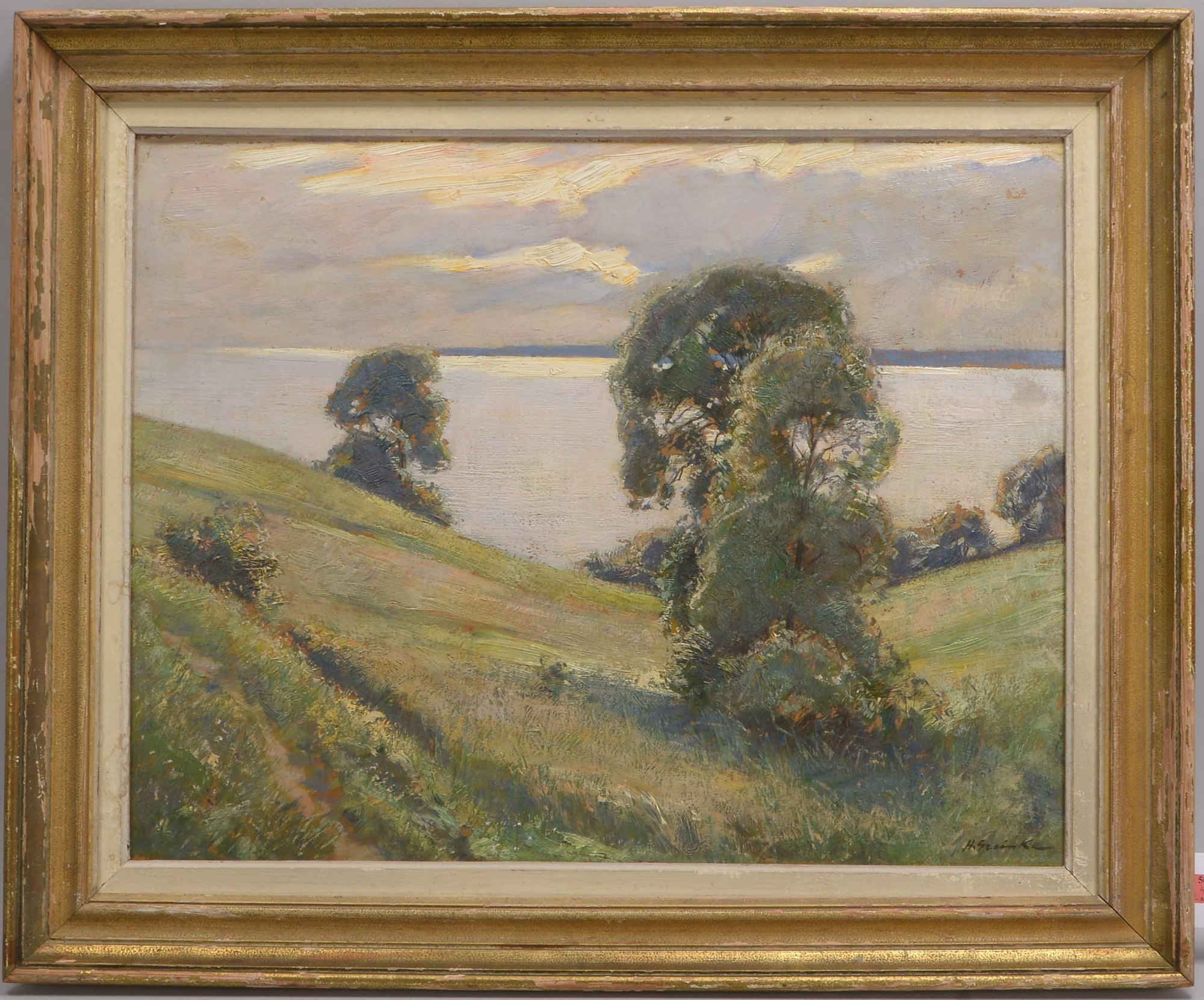 Greinke, Hans (1891 Berlin - 1960 Weimar), 'Seenlandschaft', Öl auf Malkarton/gerahmt, signiert