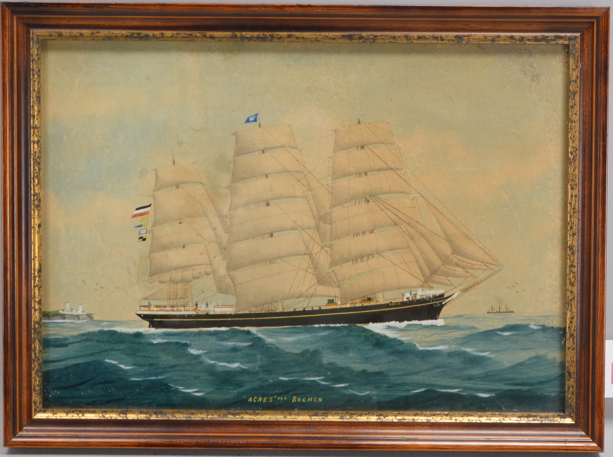 Kapitänsbild, 'Agnes von Bremen unter der Wätjen-Reederei', Aquarell, unter Passepartout hinter Glas
