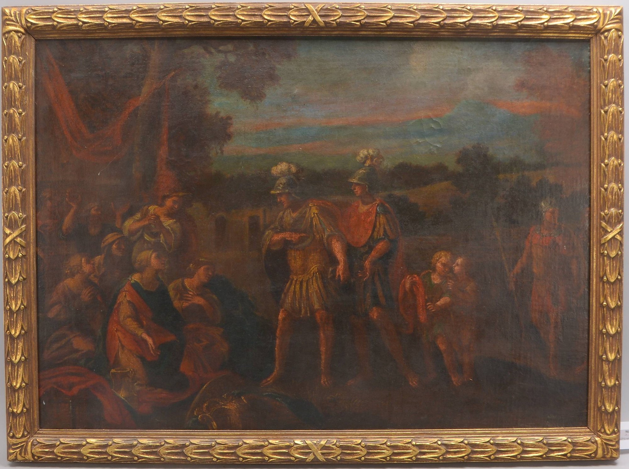 Großes Ölgemälde, antik (18./19. Jahrhundert), 'Befragung der Frauen durch römische Soldaten', Öl/Lw