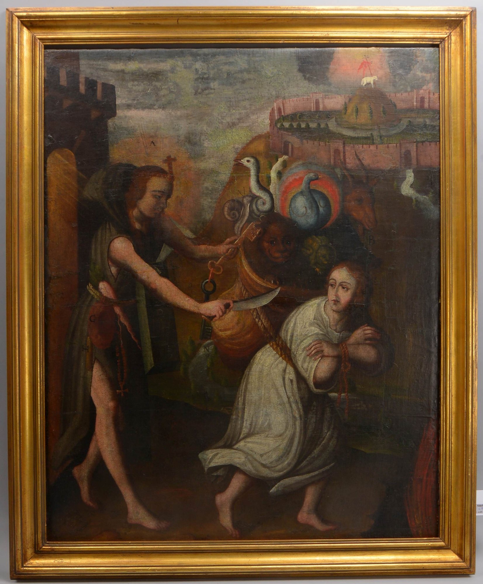 Gemälde (Peru, frühe Cusco-Schule), 'Die Vertreibung der Sünderin', Öl auf Leinwand/doubliert