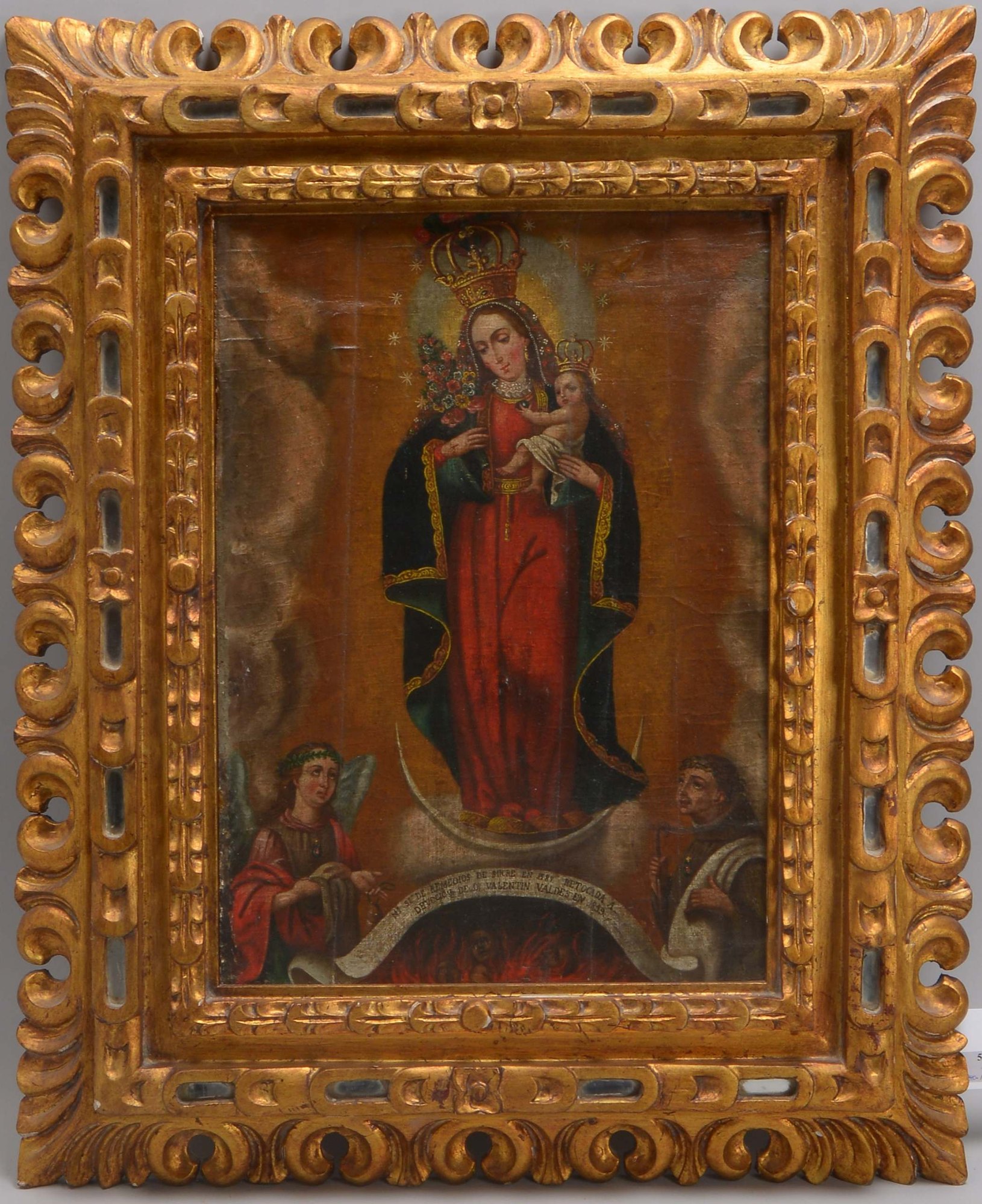 Gemälde (Peru, frühe Cusco-Schule), Maria mit dem Jesuskind', Öl auf Leinwand/auf Holz gezogen, unte