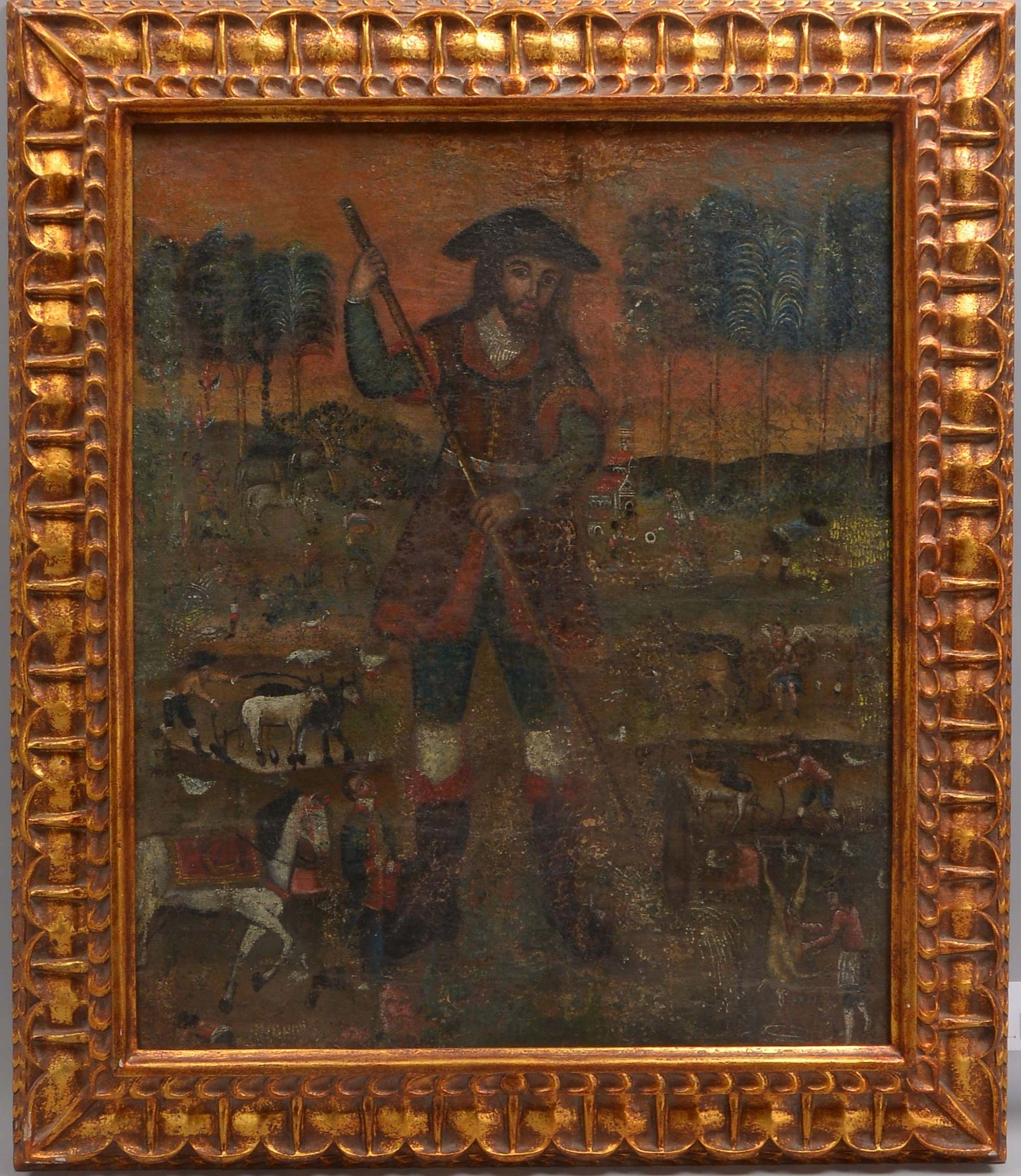 Gemälde (Peru, frühe Cusco-Schule), 'Kolonialherr und Ernteszenen', Öl auf Leinwand/doubliert