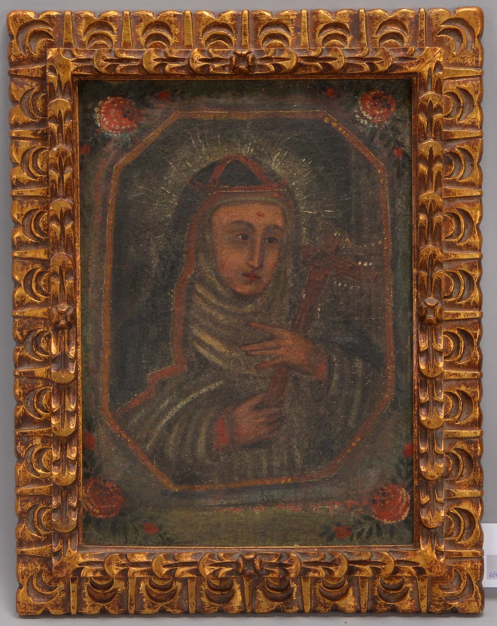 Gemälde (Peru, frühe Cusco-Schule), Marienportrait mit Kreuz', Öl auf Leinwand/doubliert, unsigniert