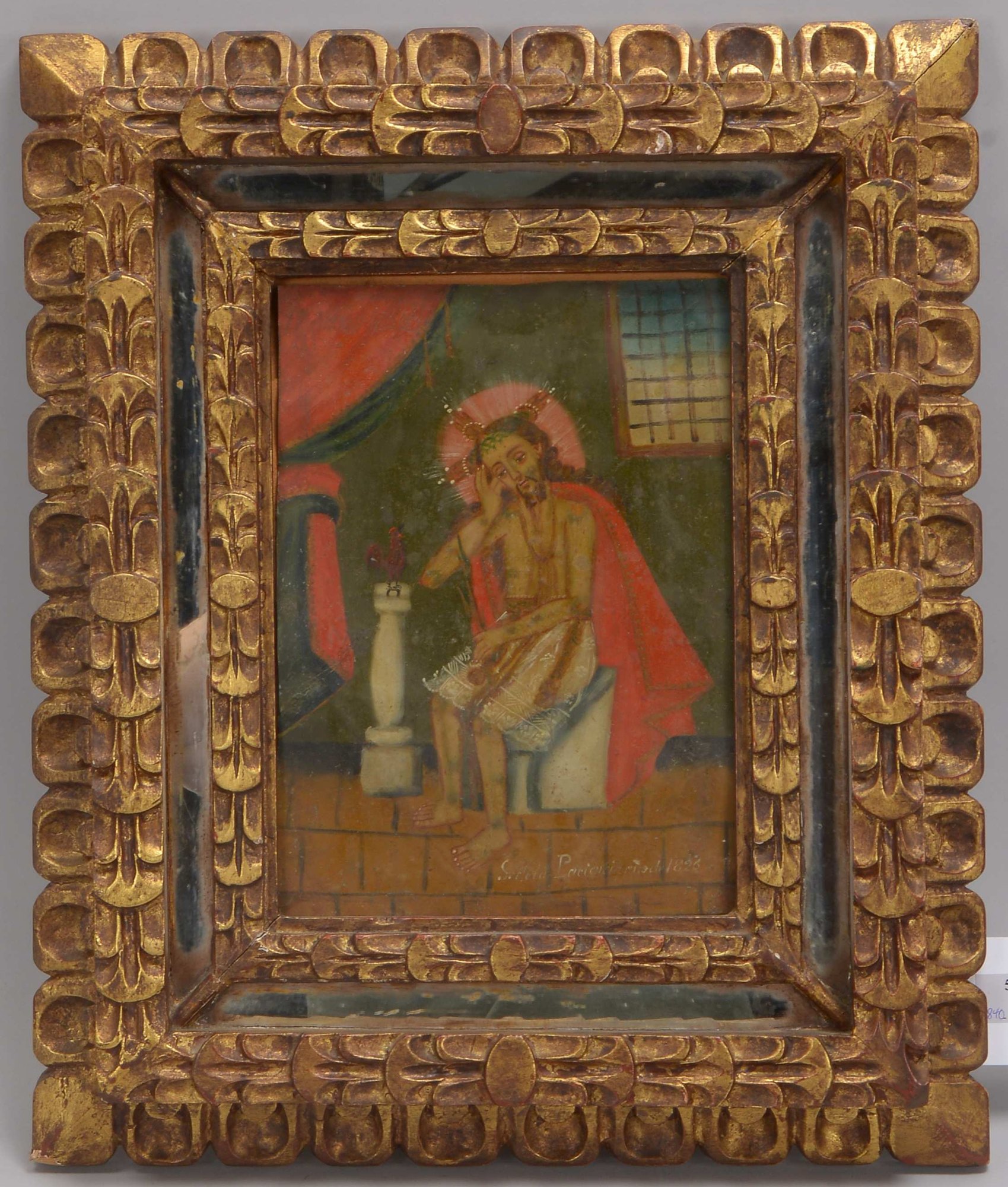 Gemälde (Peru, frühe Cusco-Schule), 'Jesus mit dem Hahn', Öl auf Metallblech/gerahmt, unten bez.