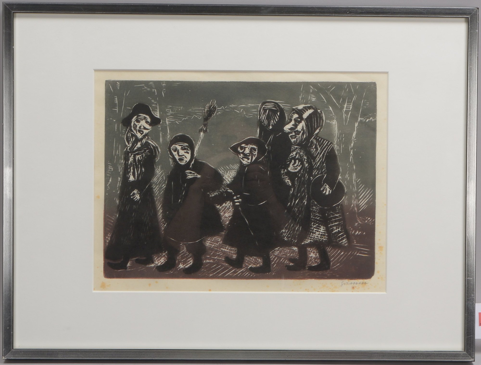 Grimm, Wilhelm (1904 - 1986), 'Die fünf Rumpelpottläufer', Farbholzschnitt, signiert, hinter Glas