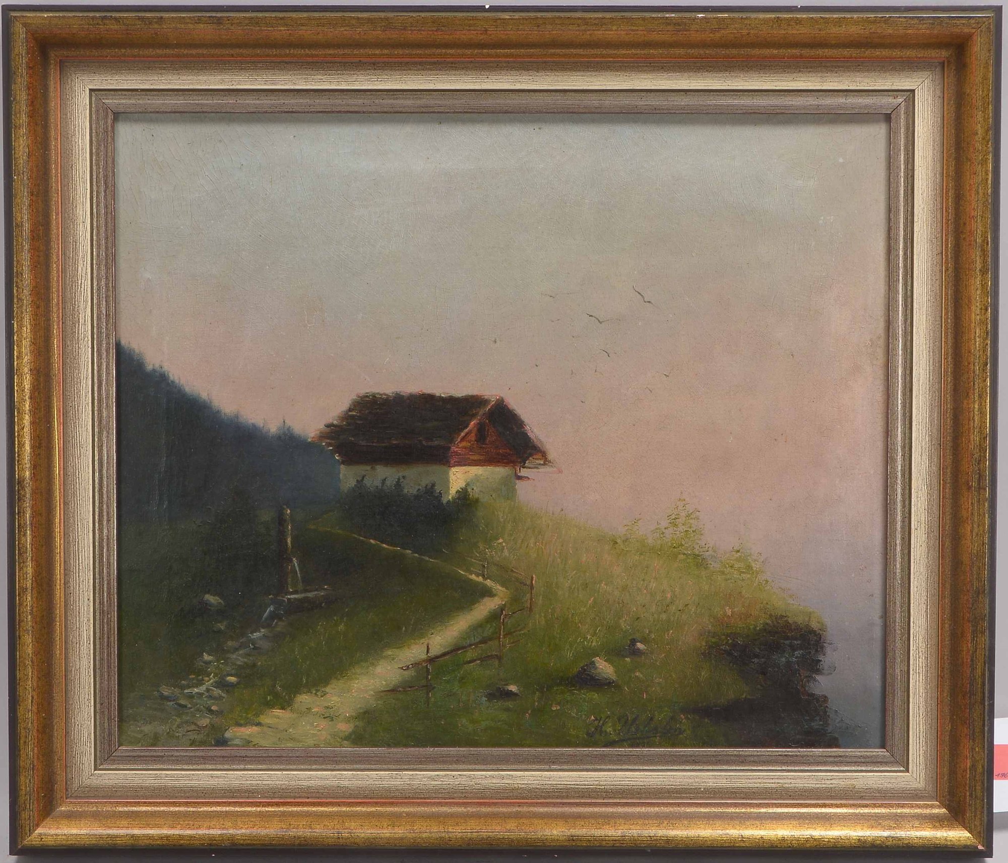 Gemälde, 'Almhütte', Öl/Lw, unten rechts (nicht eindeutig leserlich) signiert und datiert