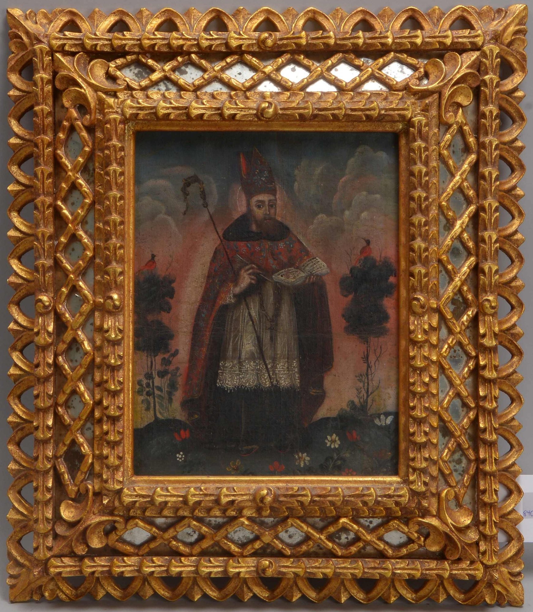 Gemälde (Peru, frühe Cusco-Schule), 'Bischof mit zwei Kardinalvögeln', Öl auf Leinwand/doubliert