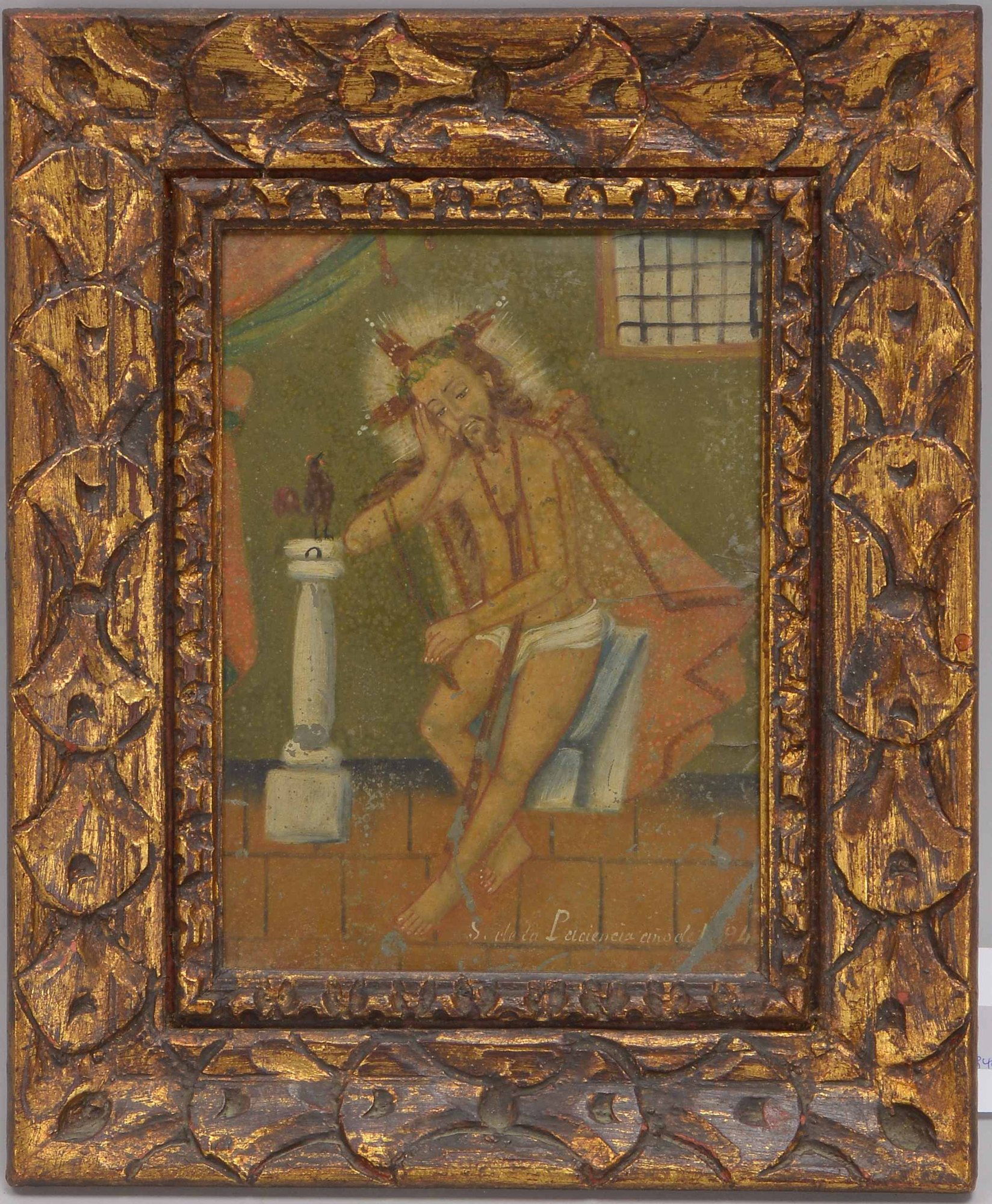 Gemälde (Peru, frühe Cusco-Schule), 'Jesus mit dem Hahn', Öl auf Metallblech/gerahmt, unten bez.