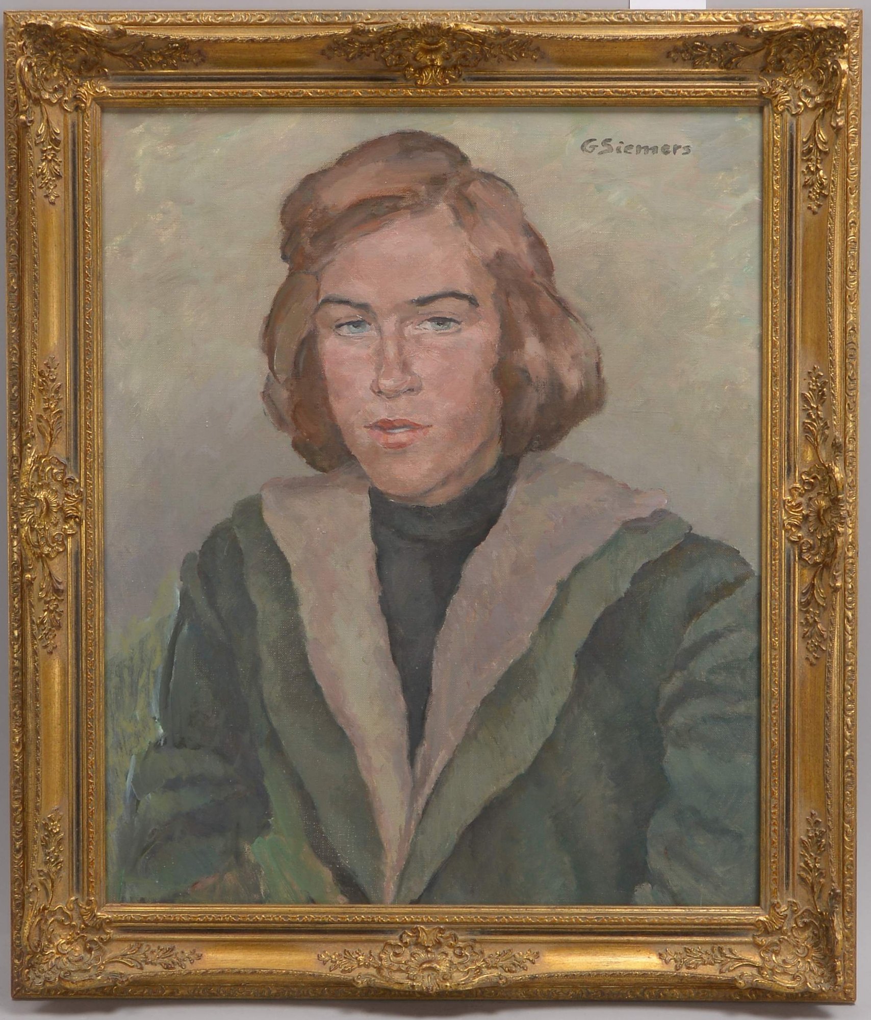 Siemers, Gertrude (1895 - 1984), 'Portrait einer jungen Frau im grünen Mantel', Öl/Lw, signiert