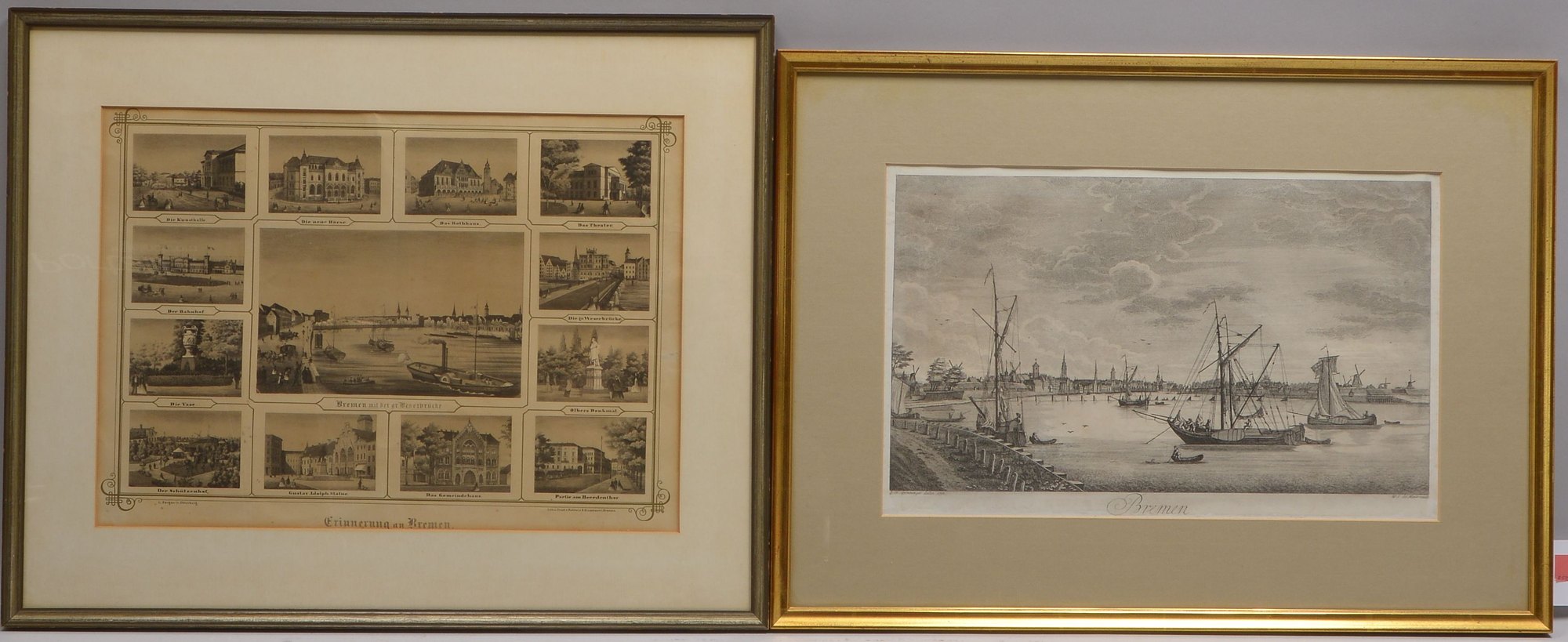 2 Bremer Ansichten, jeweils unter Passepartout hinter Glas gerahmt: 1 Kupferstich und 1 Lithografie