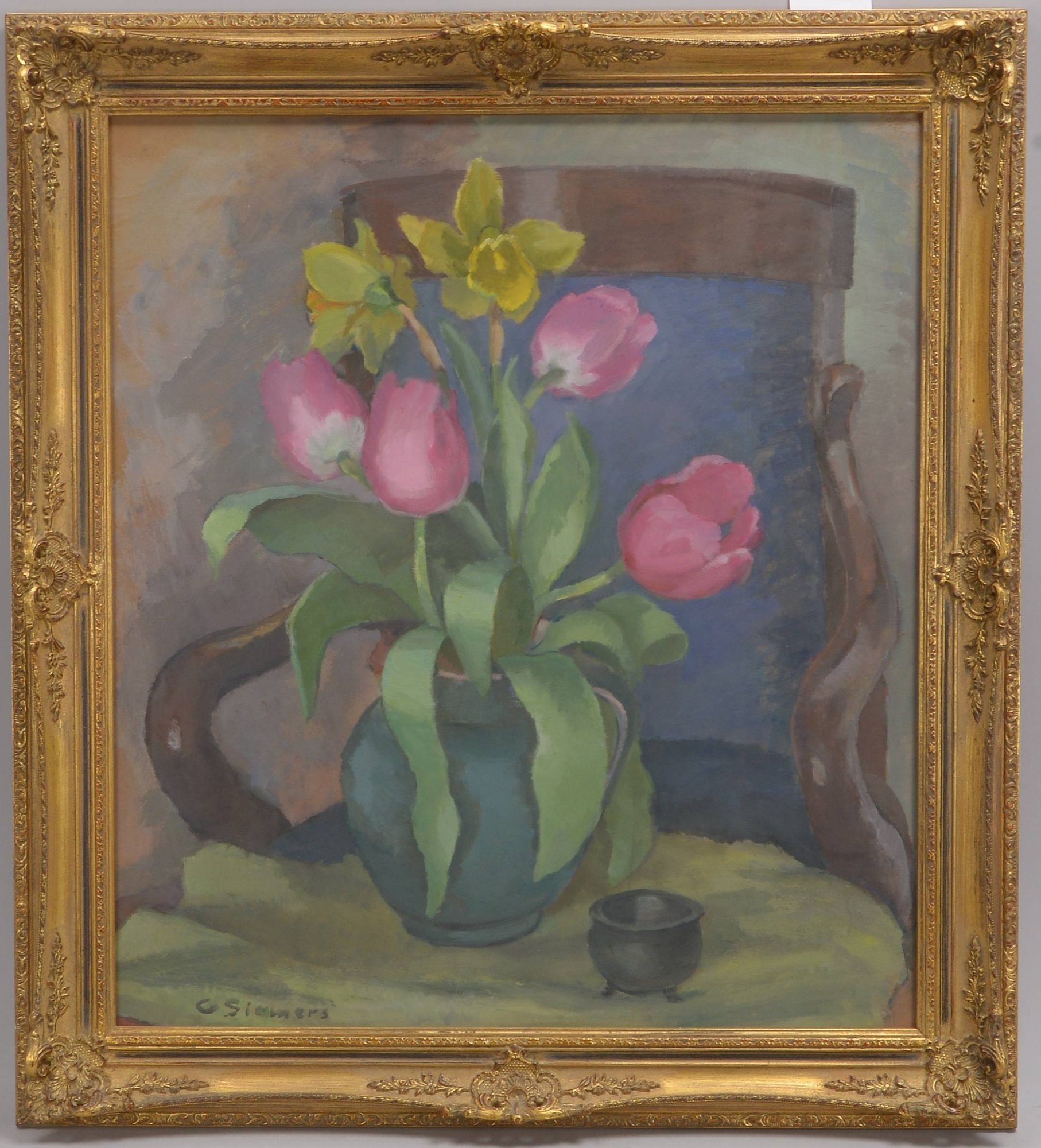 Siemers, Gertrude (1895 - 1984), 'Tulpen und Narzissen', Öl auf Malkarton, unten links signiert