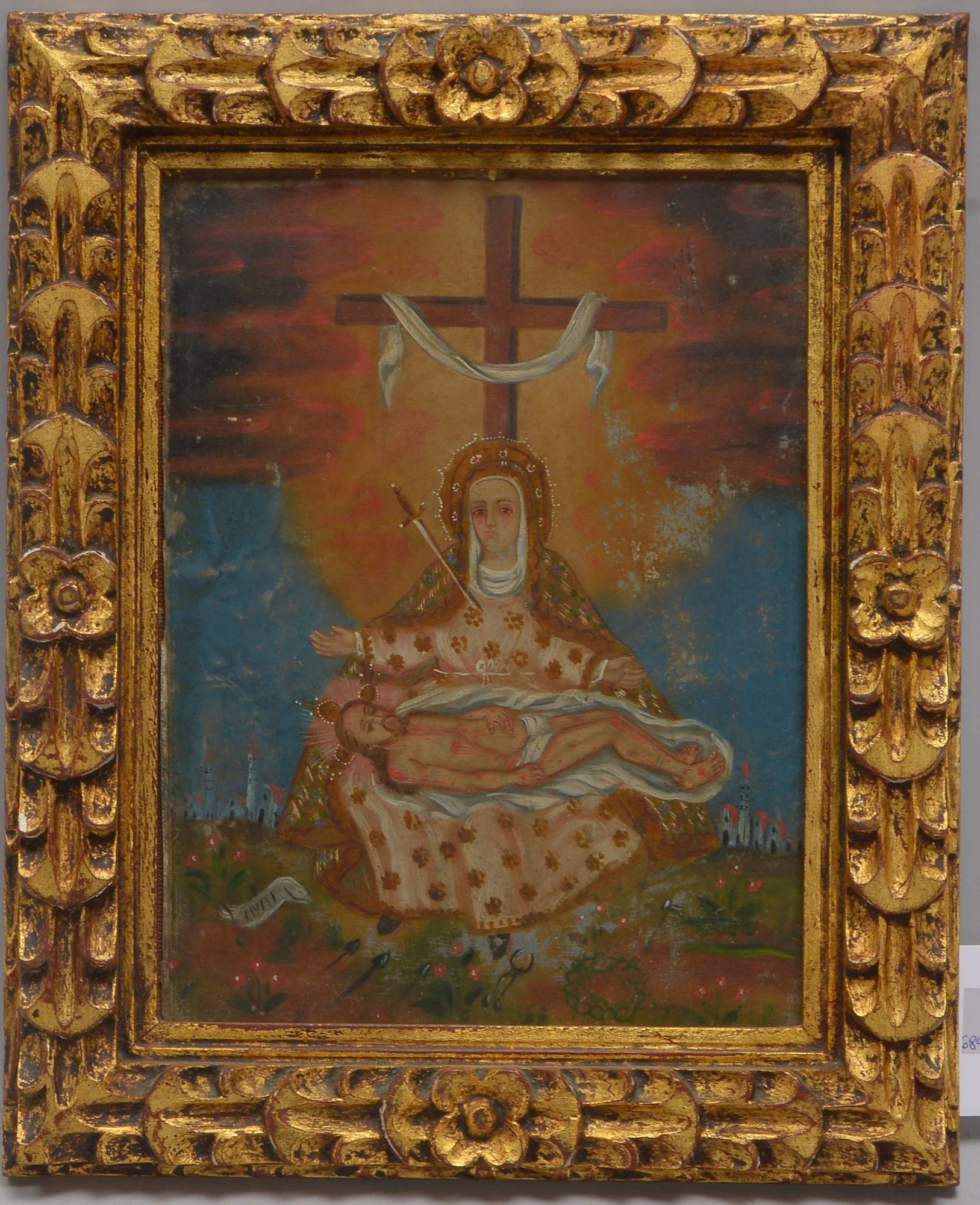 Gemälde (Peru, frühe Cusco-Schule), Mater Dolorosa - Maria und der Leichnam Jesu', Öl/Metallblech