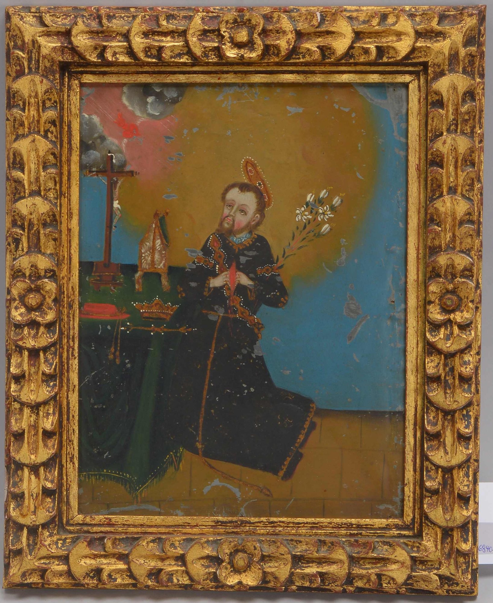 Gemälde (Peru, frühe Cusco-Schule), 'Heiliger Antonius von Padua mit Lilie', Öl auf Metallblech