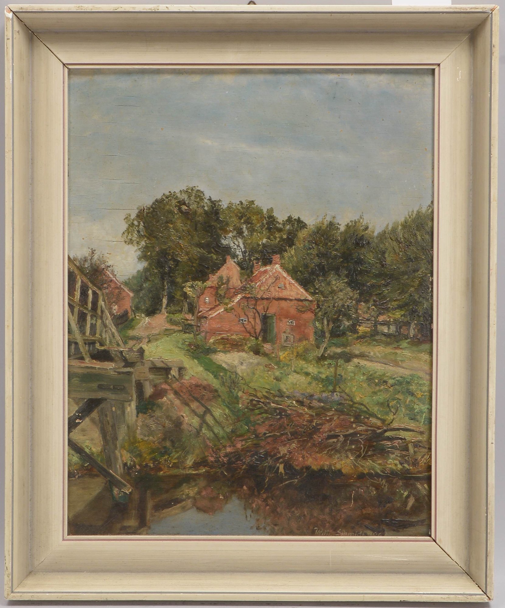 Schmidt, Wilhelm (Emden), 'Gehöft am Bach', Öl auf Holz/gerahmt, unter rechts signiert und datiert