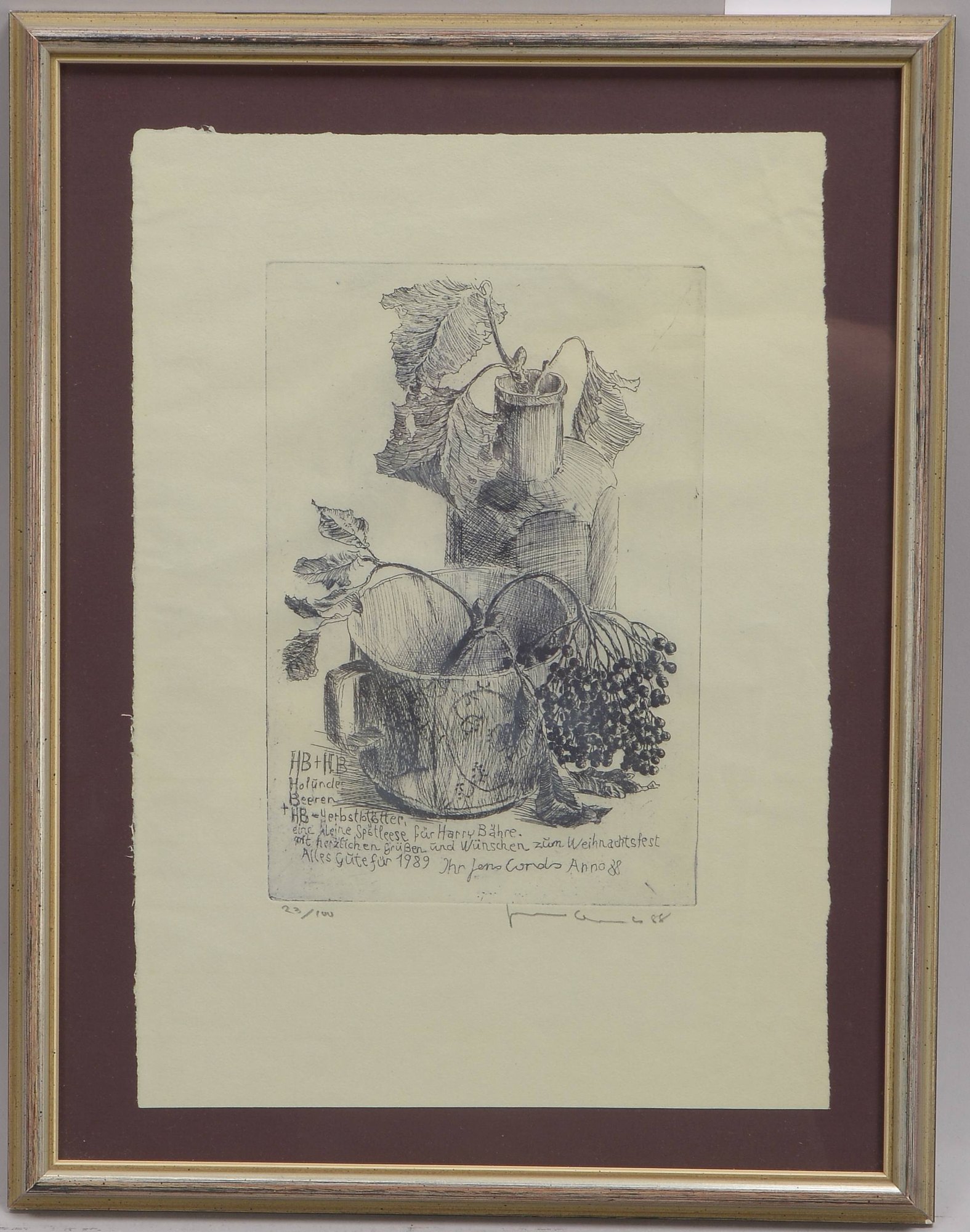 Cords, Jens (1932 - 2016, Hamburg), 'Holunderbeeren und Herbstblätter', Radierung, Aufl. '23/100'