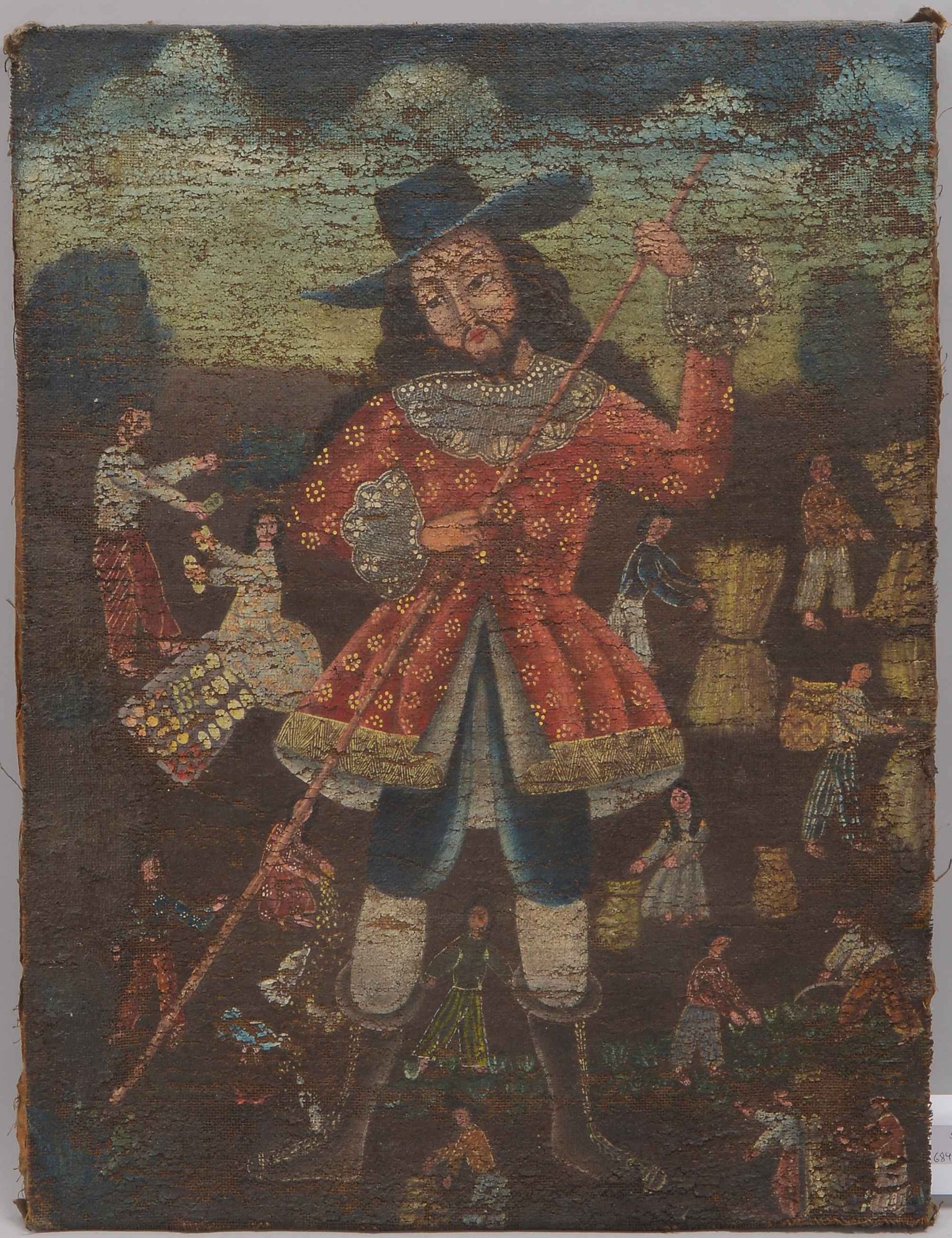 Gemälde (Peru, frühe Cusco-Schule), 'Kolonialherr und Ernteszenen', Öl auf Leinwand/doubliert