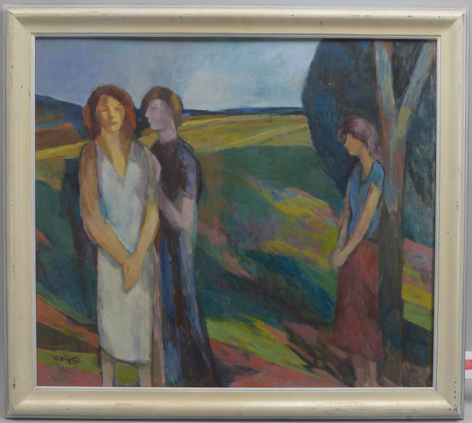 Wolf, Hermann (1913 - 1998, war tätig in Lerbach), 'Personengruppe in Harzer Landschaft', Öl/Mk