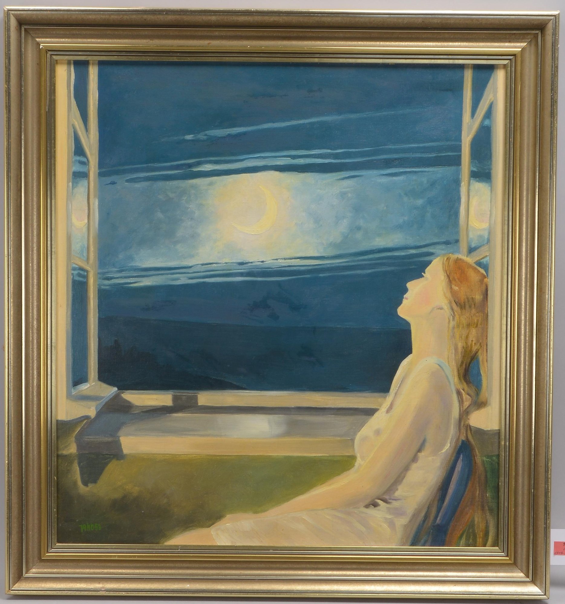 Gemälde, 'Junge Frau in Betrachtung des Mondes', Öl/Lw, unten links monogrammiert/datiert '79hb53'
