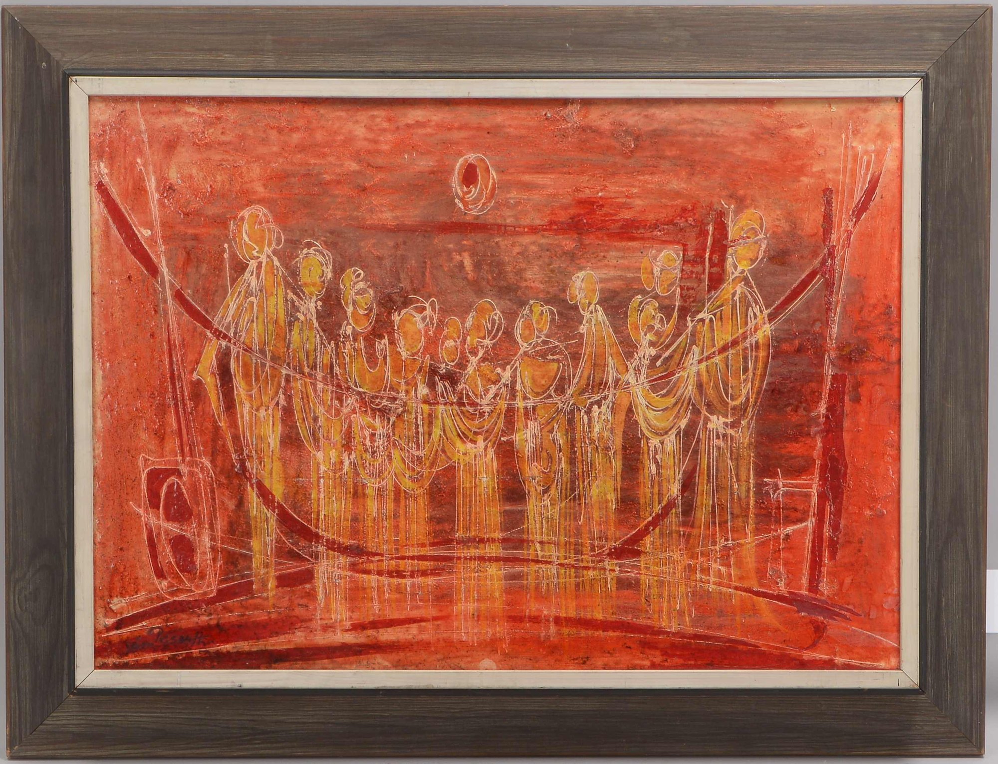 Gemälde (wohl französischer Maler), 'Komposition in Rot-Gelb - Personendarstellung', Öl/Hf, gerahmt