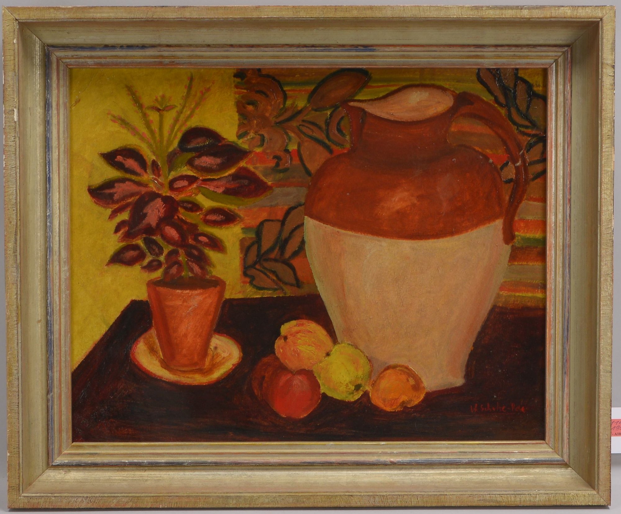 Schulze-Rose, Wilhelm (1872 - 1950), 'Tischstillleben mit Krug, Äpfeln und Buntnessel', Öl/Mk