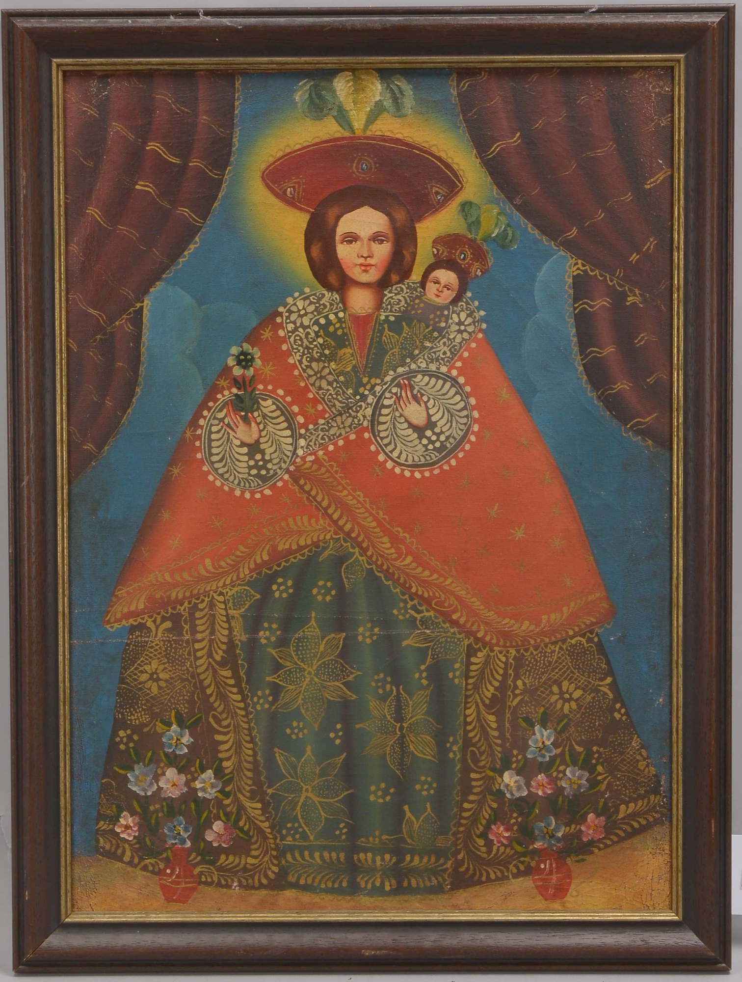 Gemälde (Peru, frühe Cusco-Schule), 'Madonnendarstellung im Schutzmantel - Maria mit Jesuskind'