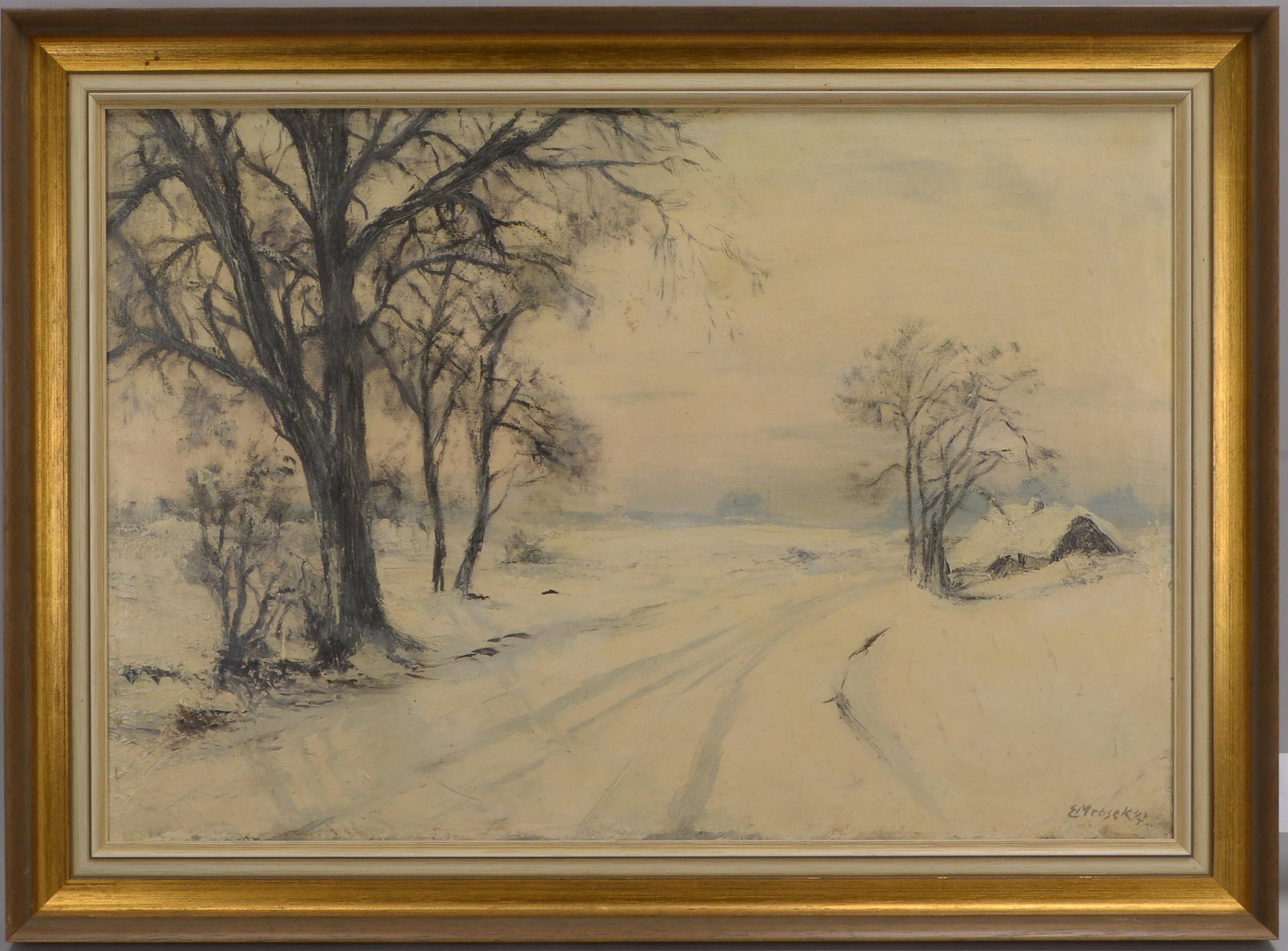 Mrosek, Ernst Bruno (1915 - 1995), 'Winterlandschaft mit Kate', Öl/Lw, unten rechts signiert