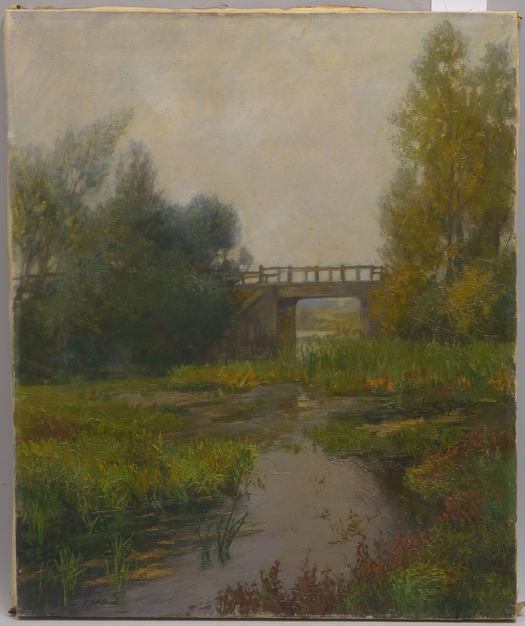 Schellnast, Karl (1892 - 1968, Baden bei Wien), 'Die Marchauen mit Holzbrücke', Öl/Lw, signiert
