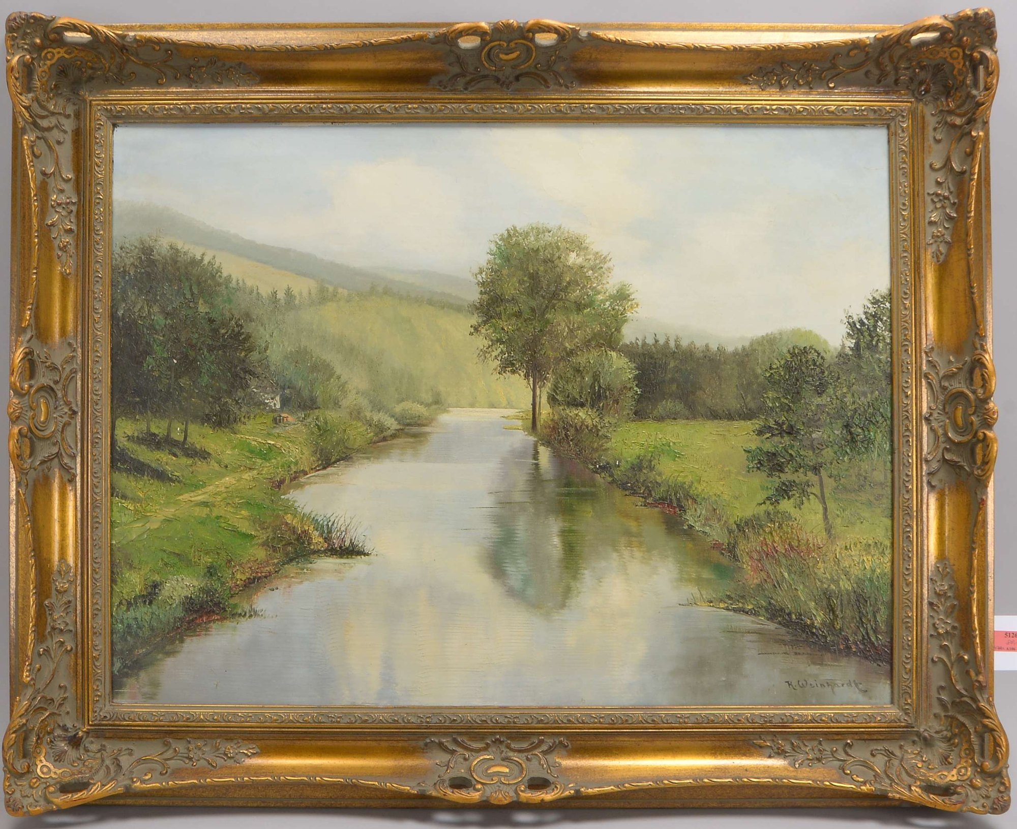 Weinhardt, R., 'Hügelige Landschaft mit Flusslauf', Öl/Lw, unten rechts signiert