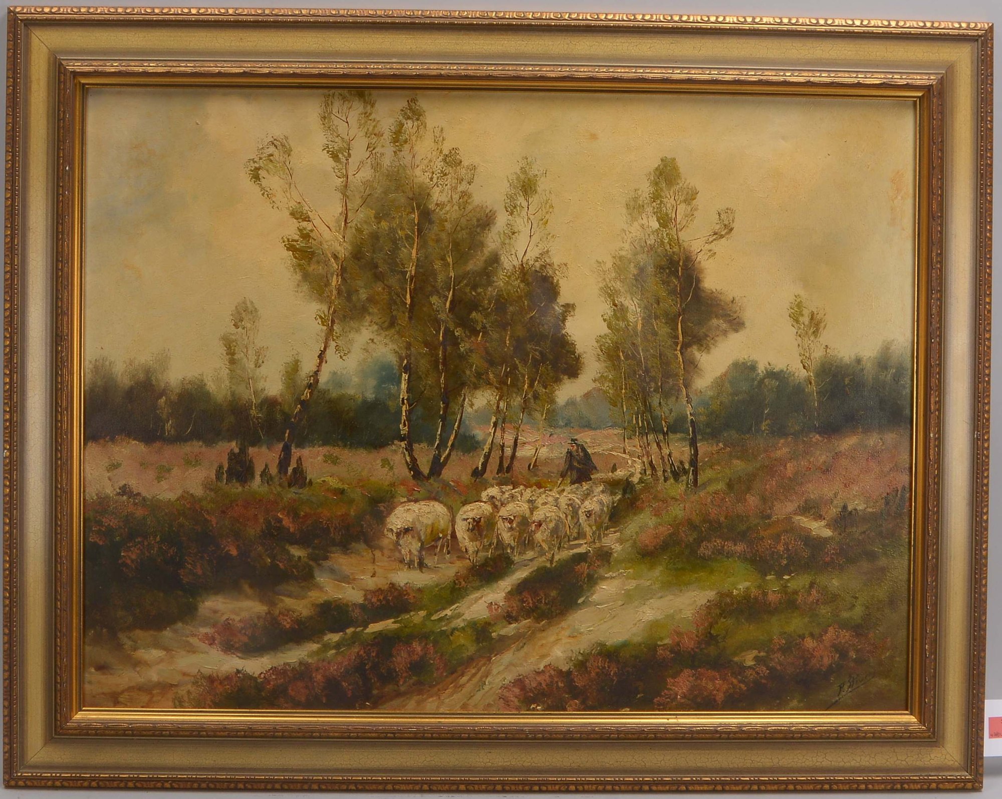 Stöver, Paula (1918 - 1982), 'Heimkehrender Schäfer mit Herde in Heidelandschaft', Öl/Lw, signiert