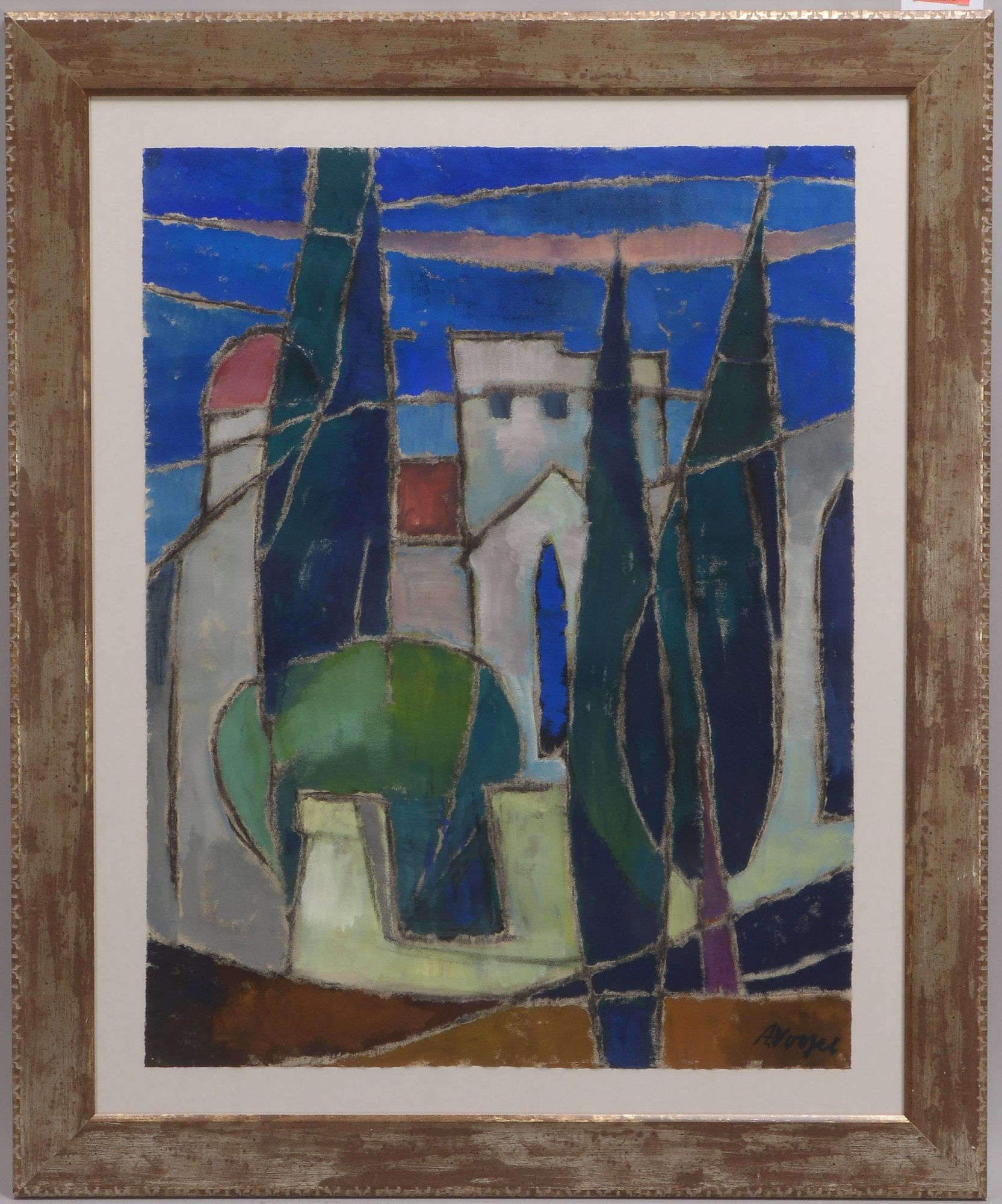 Vogel, Alfred, 'Südländisches Gehöft mit Zypressen', Tempera auf Papier/gerahmt, signiert