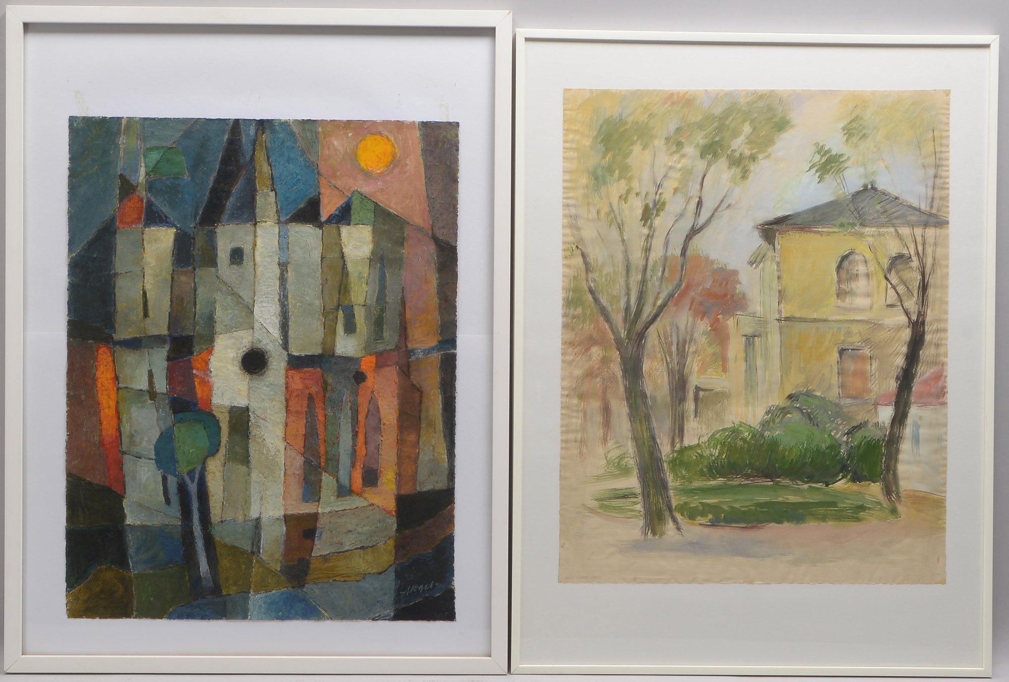 Vogel, Alfred, 2 Malereien, Acryl/Tempera auf Papier, jeweils signiert, hinter Glas gerahmt