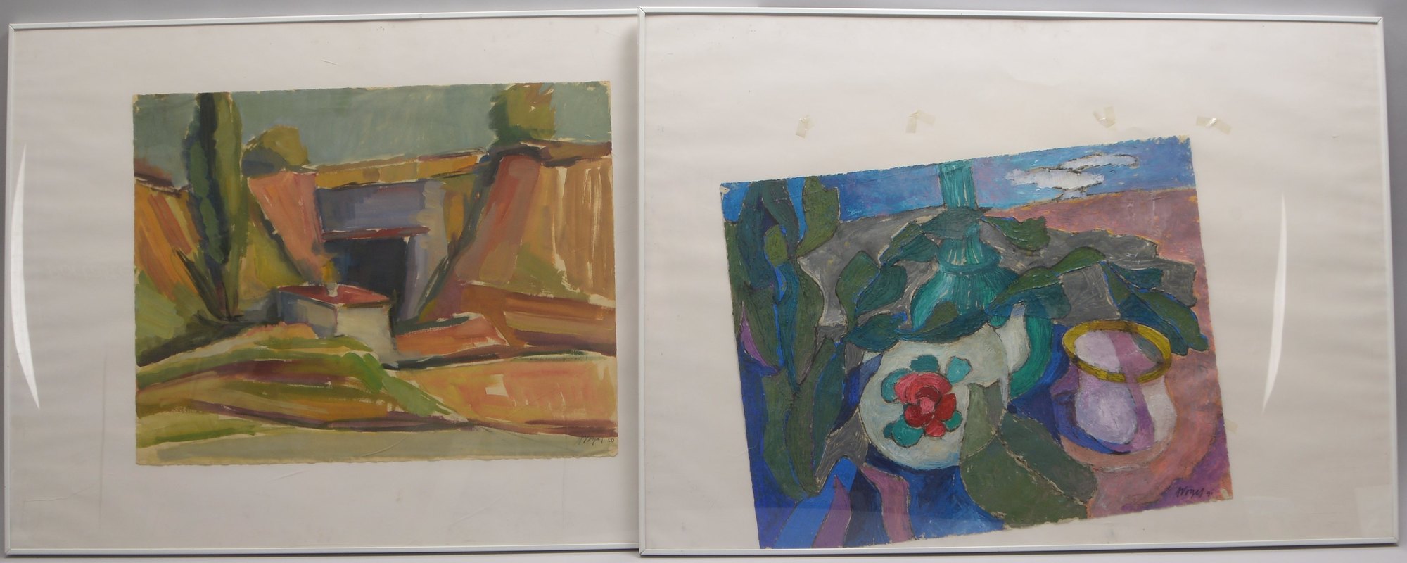 Vogel, Alfred, 2 Malereien, jeweils signiert, hinter Glas gerahmt: 1x 'Tischstillleben mit Rose'