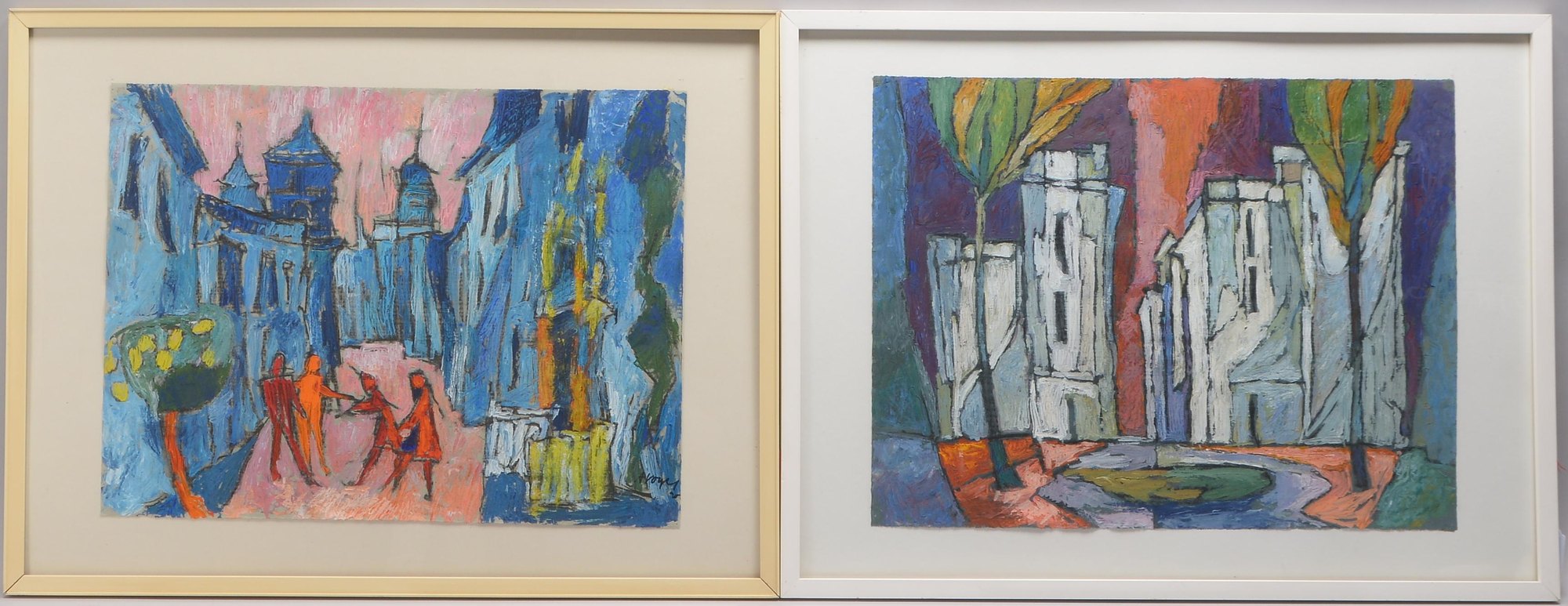 Vogel, Alfred, 2 Malereien: 'Boote auf der Trave', und 'Blaue Stadt', Tempera auf Papier, signiert