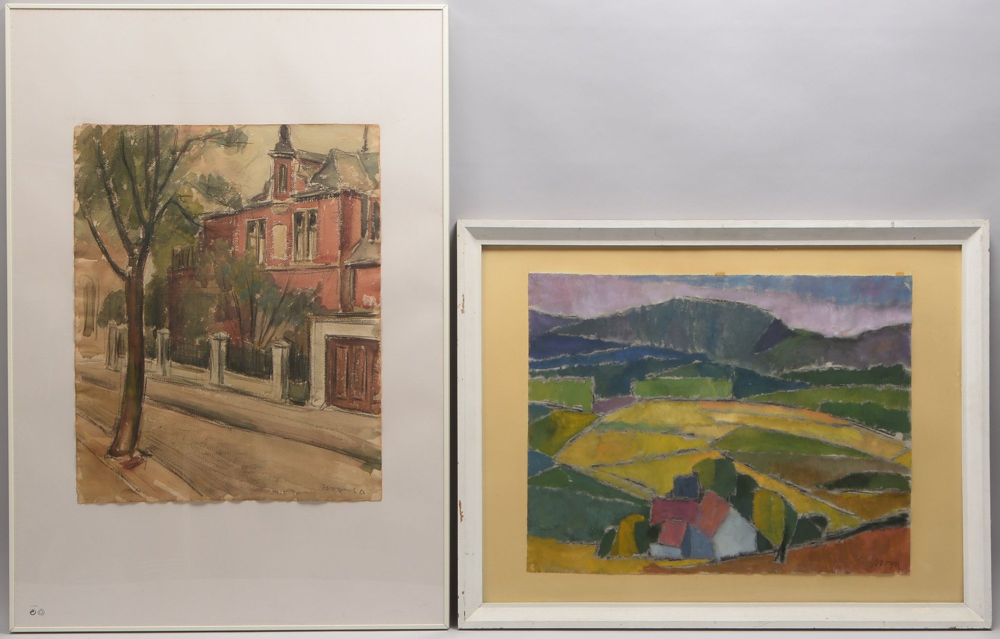 Vogel, Alfred, 2 Blätter, jeweils signiert, hinter Glas gerahmt: Kreidepastell, 'Hügellandschaft'