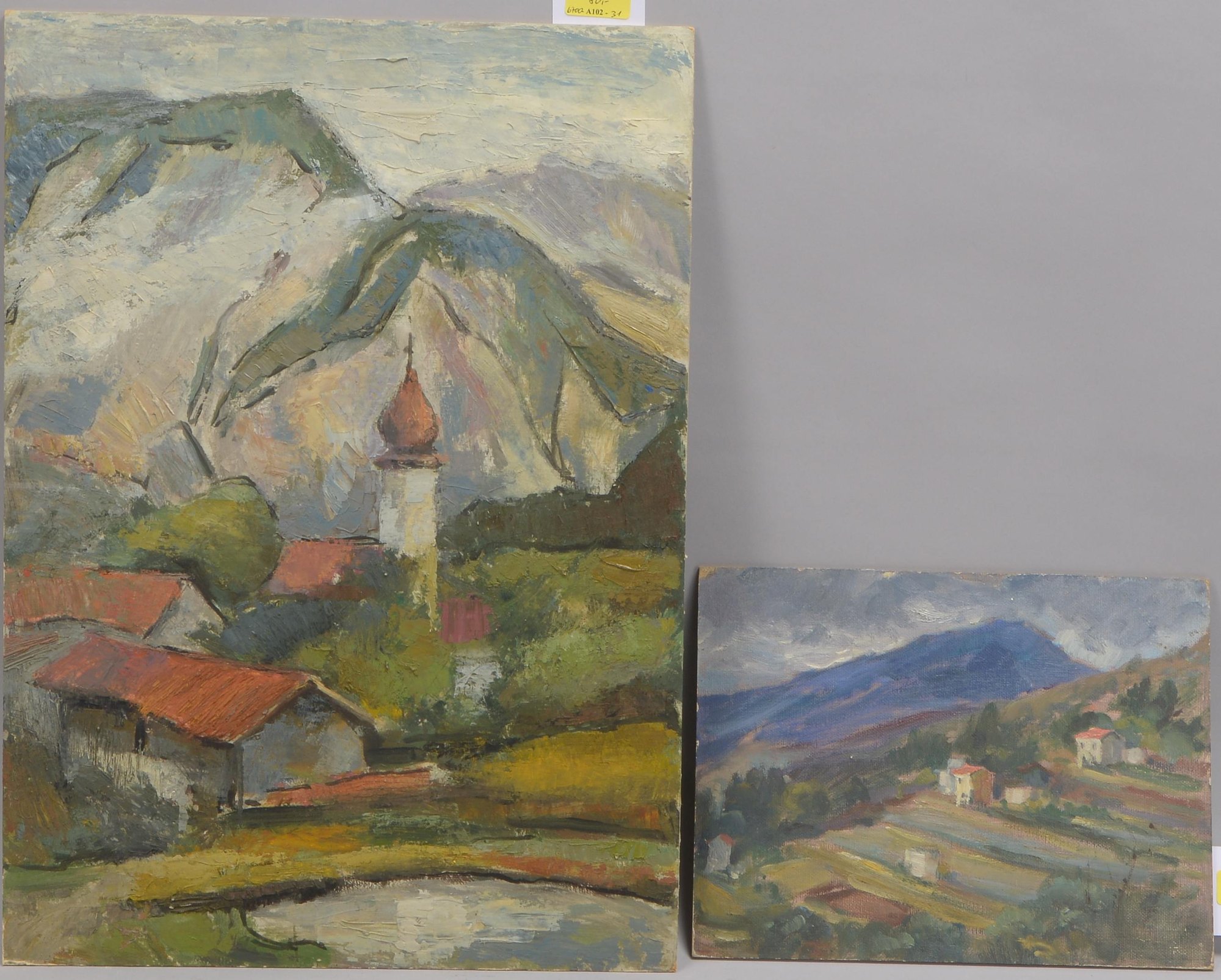 Vogel, Alfred (zugeschrieben), 2 Gemälde: 1x 'Bayerisches Dorf', und 1x 'Landschaft', Öl/Malkarton