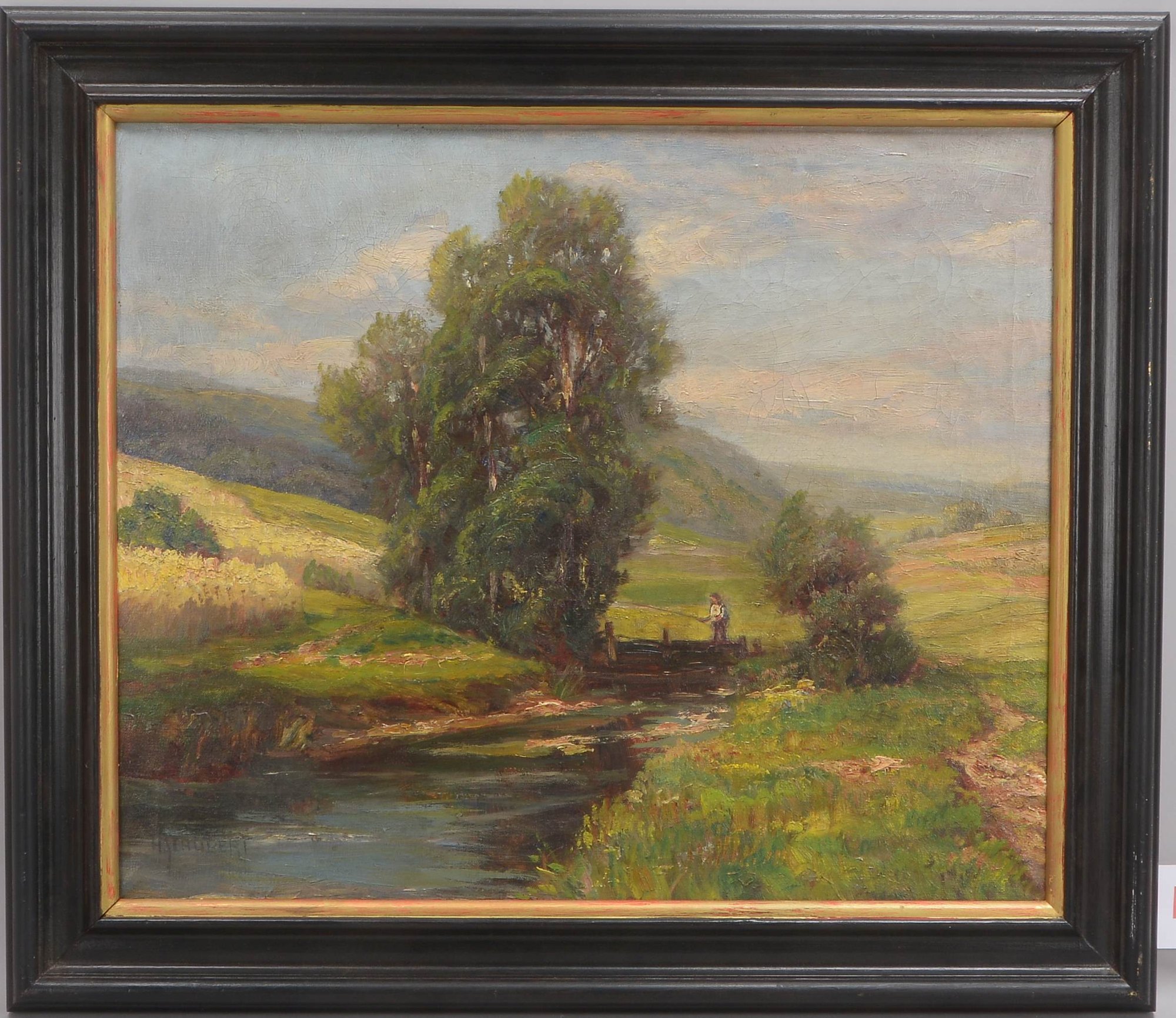 Schubert, Anna, 'Sommerliche Landschaft mit Angler', Öl/Lw, unten li. signiert; Maße 64,5 x 74,5 cm