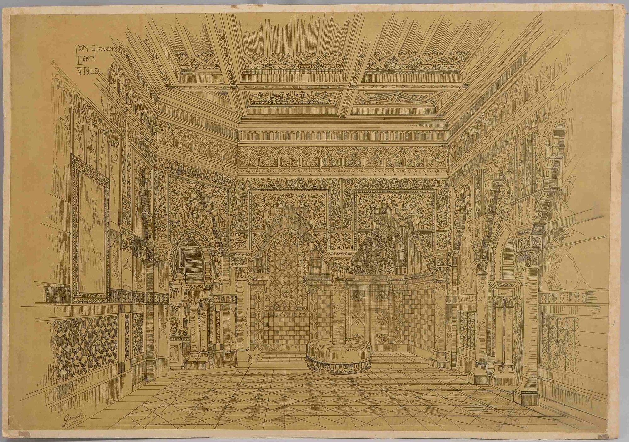 Gerst, Johann Karl Jakob (1792 - 1854, Berlin), 'Festsaal des Don Giovanni - V. Bild', Zeichnung
