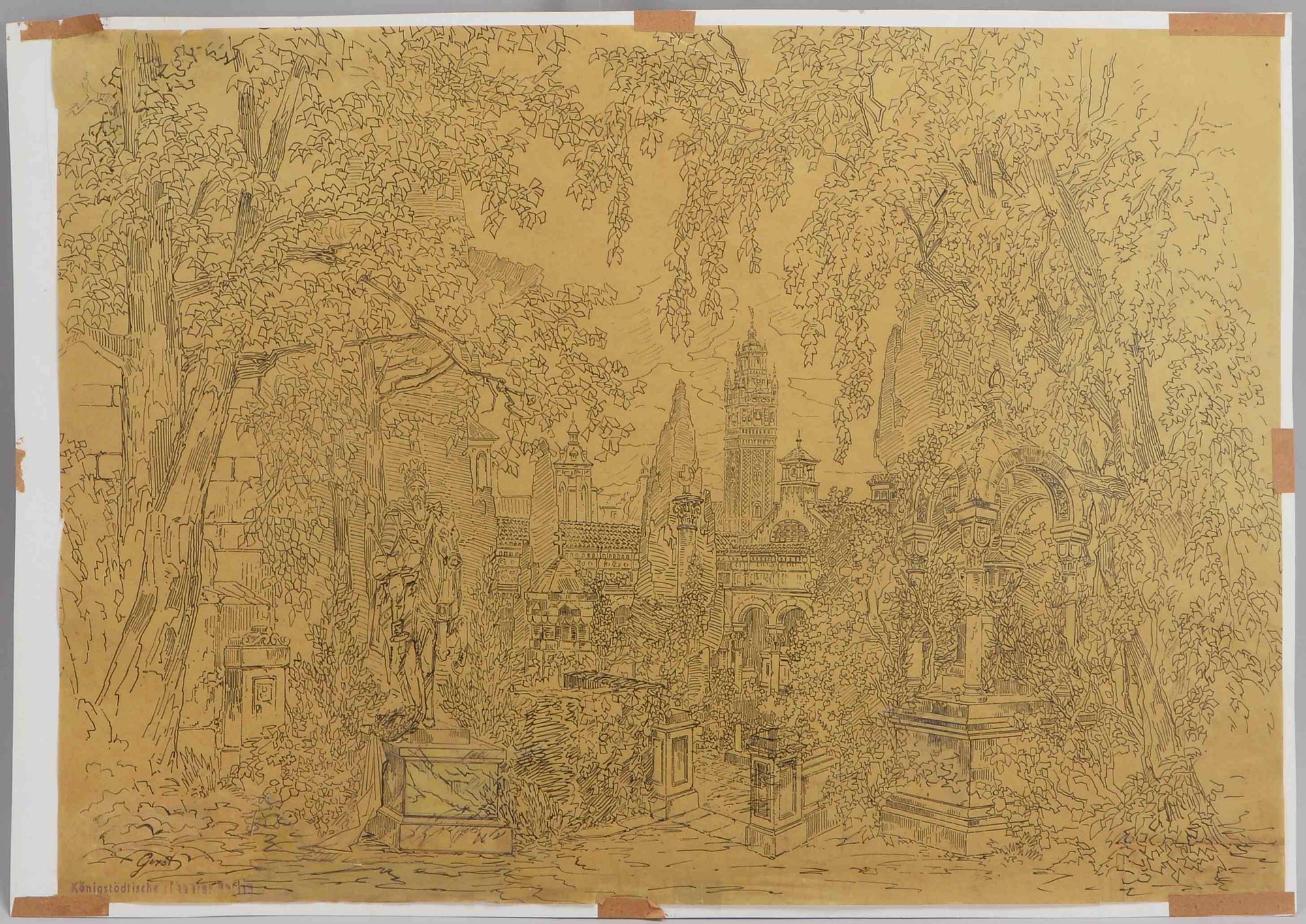 Gerst, Johann Karl Jakob (1792 - 1854, Berlin), 'Parkanlage mit Reiterskulptur', Federzeichnung