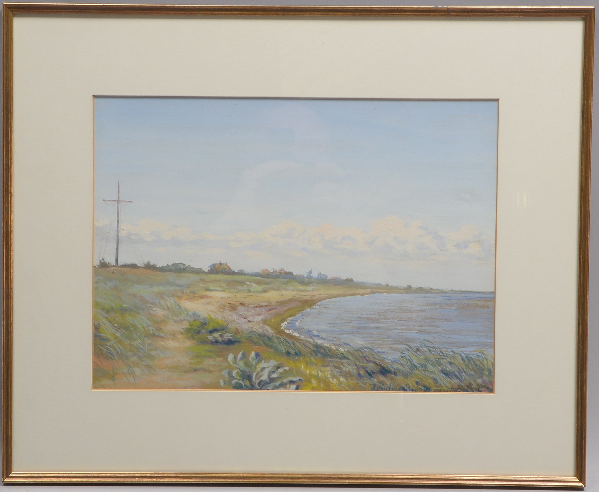 Backenhauser, Hervelius(?), 'Küstenlandschaft mit Stadthintergrund', Gouache, unten rechts signiert