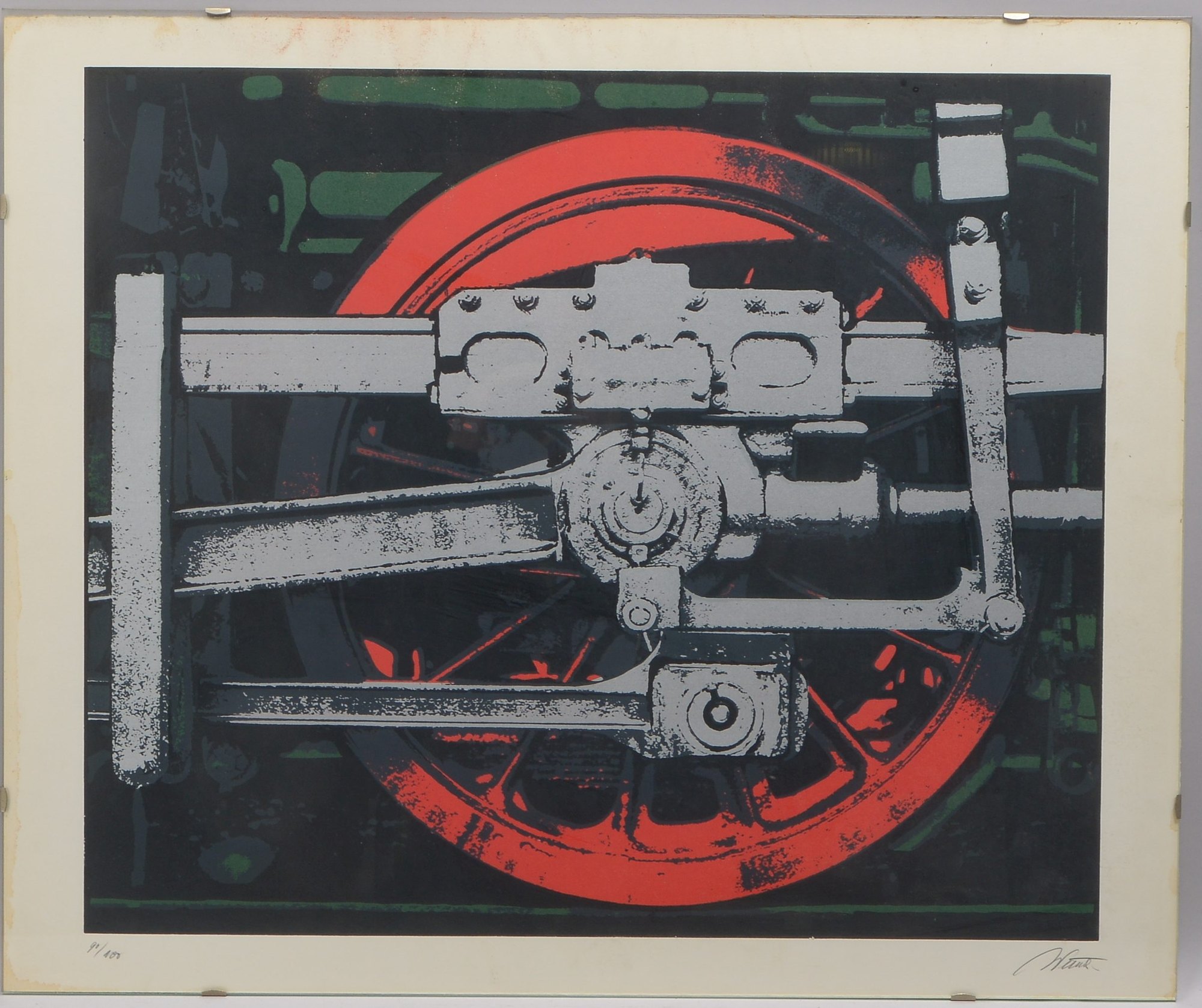Winner, Gerd (*1936), 'Lokomotive', Farbserigrafie, Auflage-Nr. '90/100', hinter Glas gerahmt