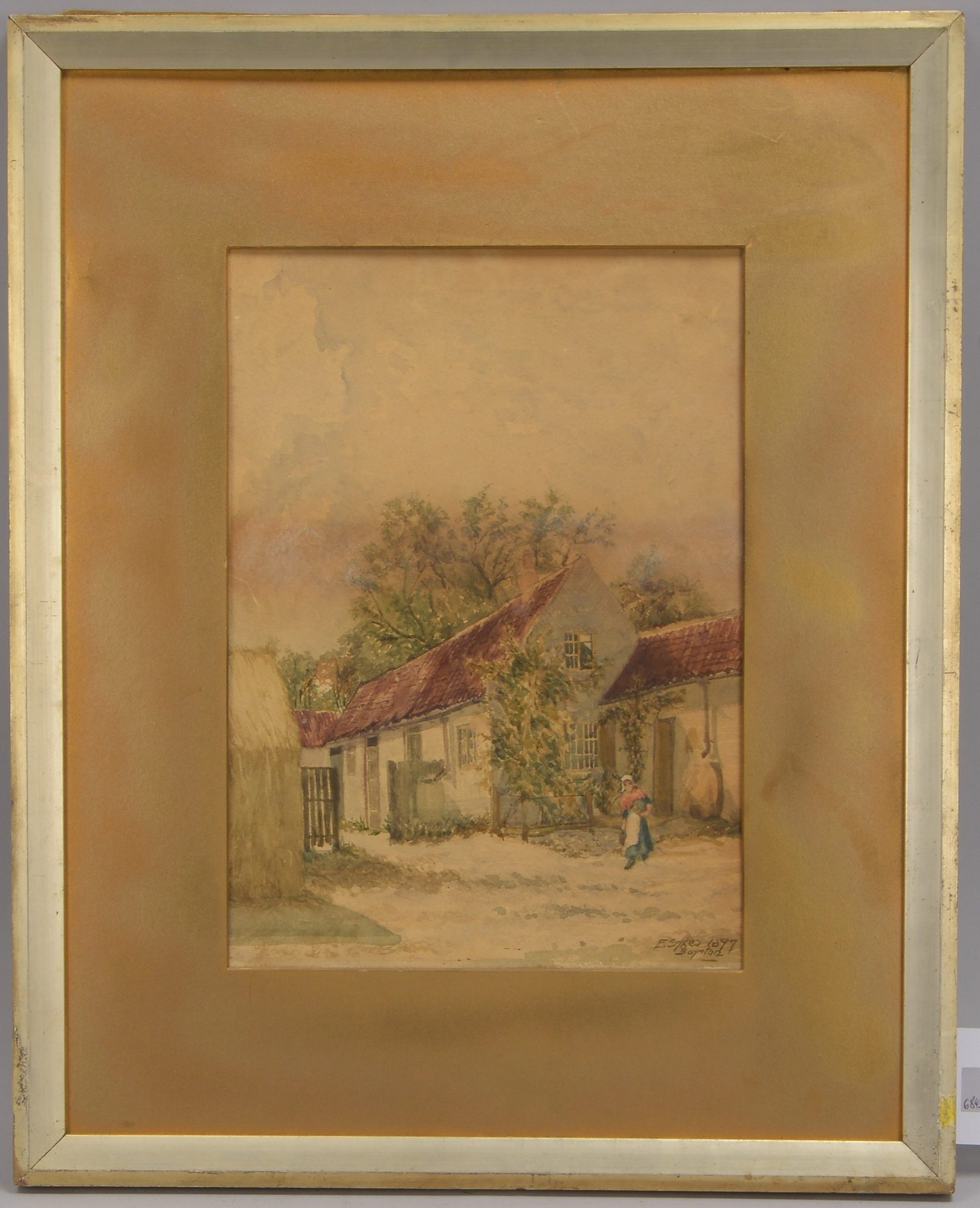 Sykes, E., 'Magd vor dem Gehöft', Aquarell, unten rechts signiert, ortsbezeichnet 'Baynton', datiert