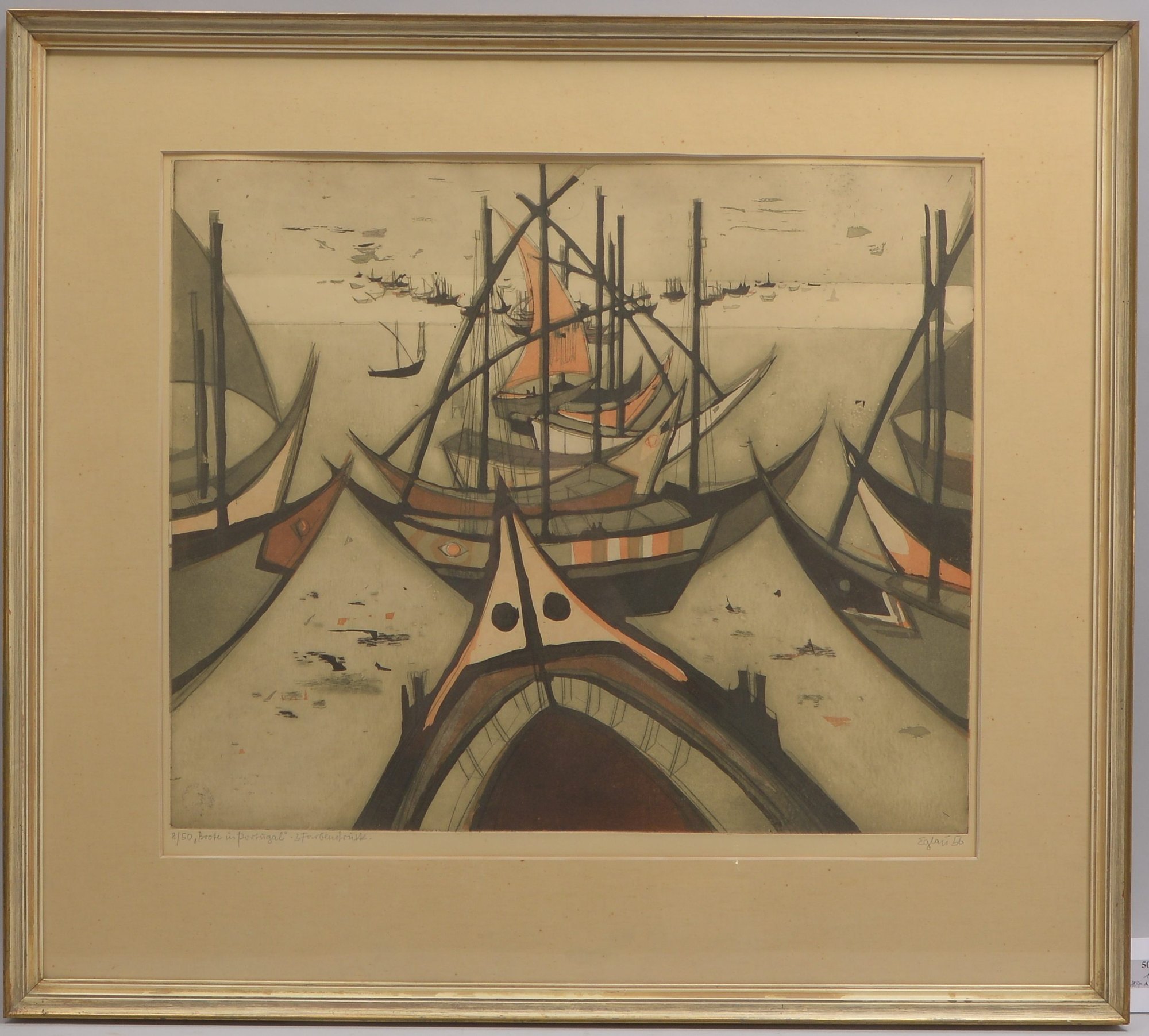 Eglau, Otto (1917 - 1988), 'Boote in Portugal', Farbradierung, Auflage-Nr. '8/50', signiert