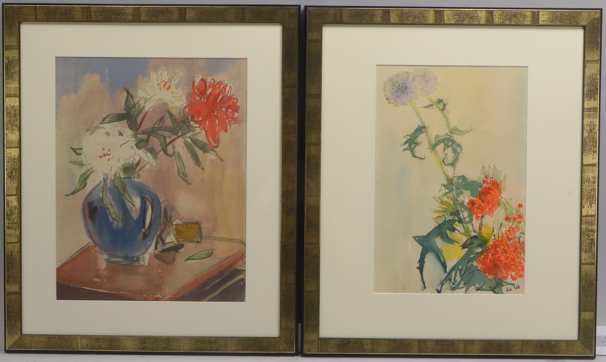 Witt, Ernst (1901 - 1977), 2 Aquarelle, 'Blumenstillleben', jeweils signiert, unter Passepartout